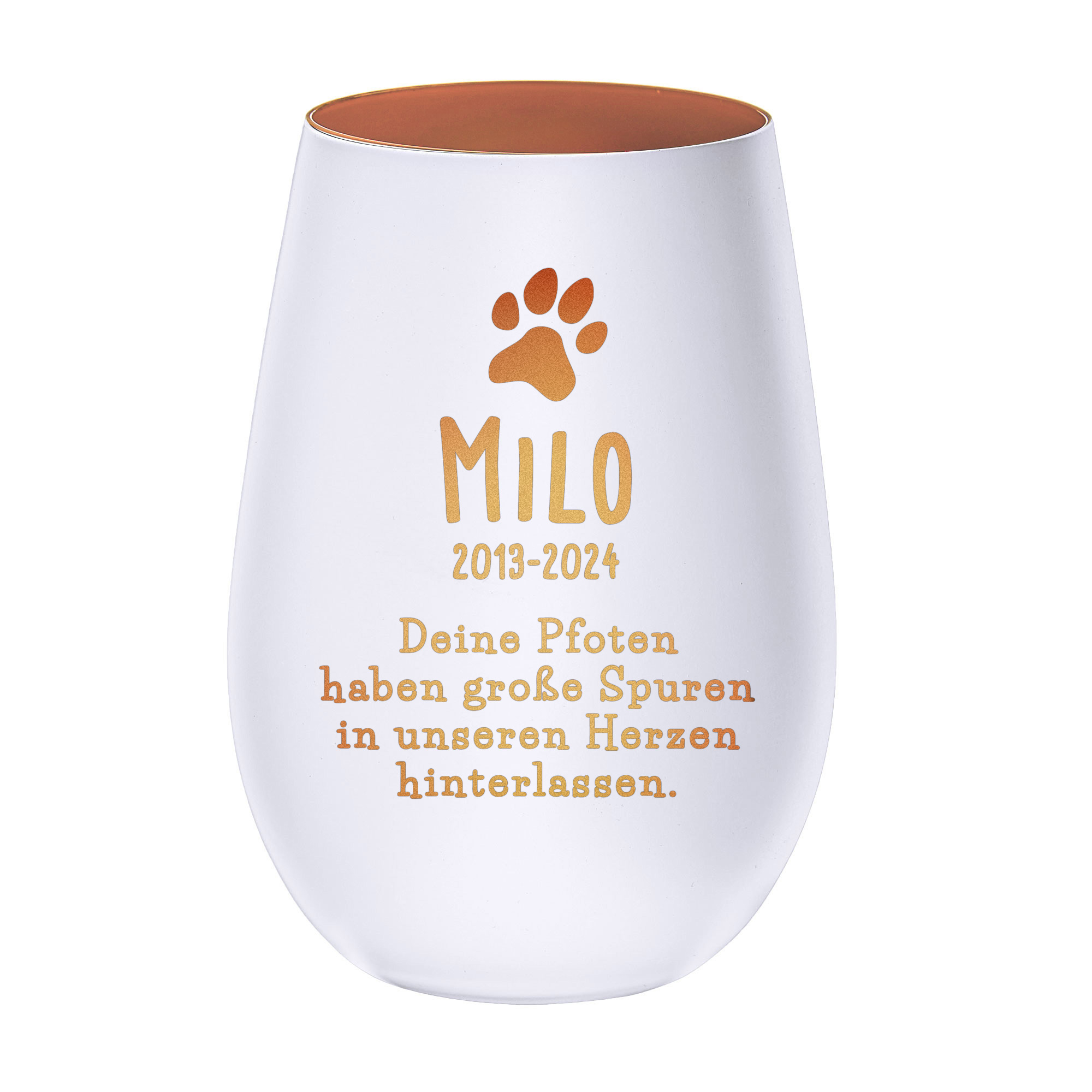 Weißes Windlicht zur Trauer für Hund - Bronze