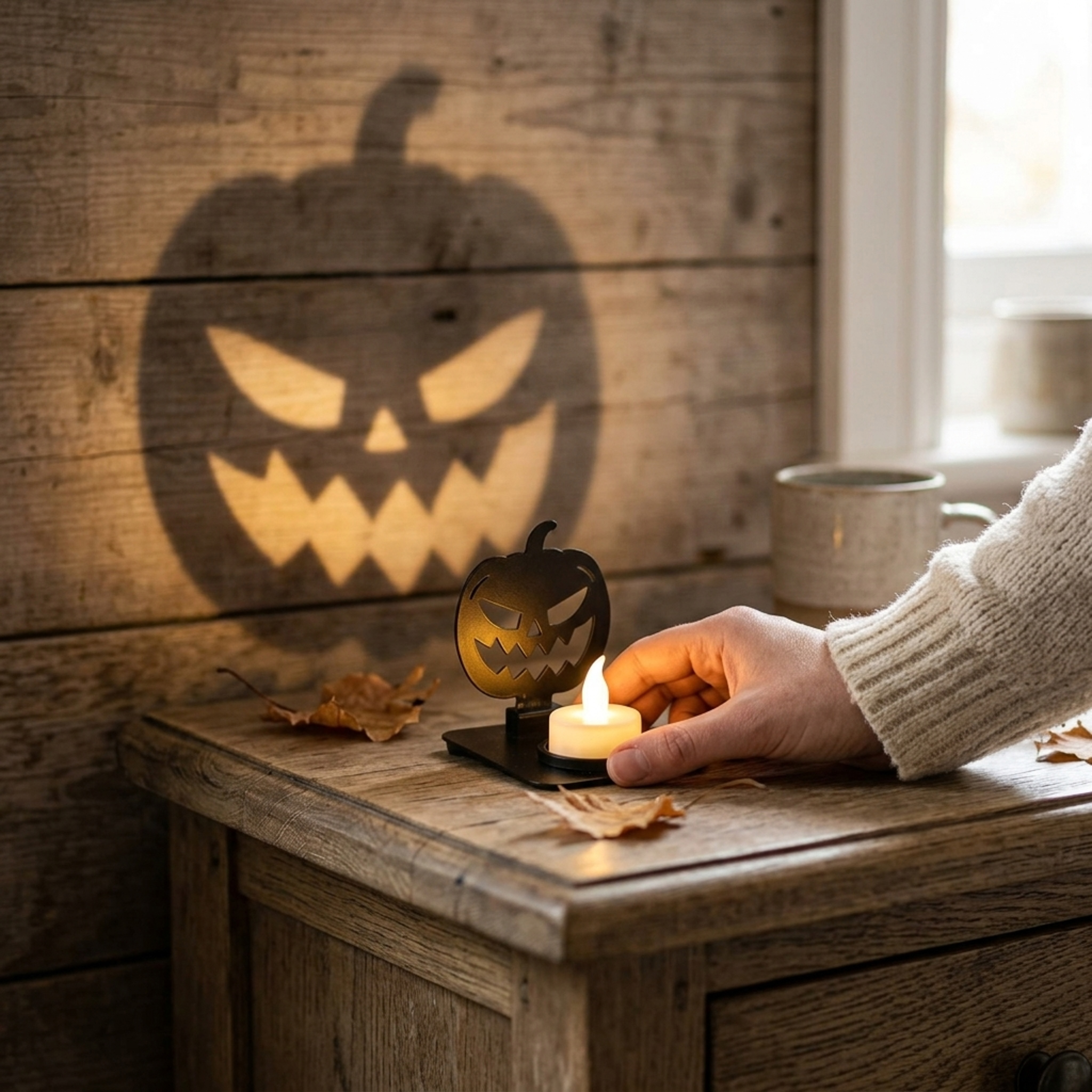 Halloween-Teelichthalter „Grusel-Kürbis“ – 2 Schattenmotive