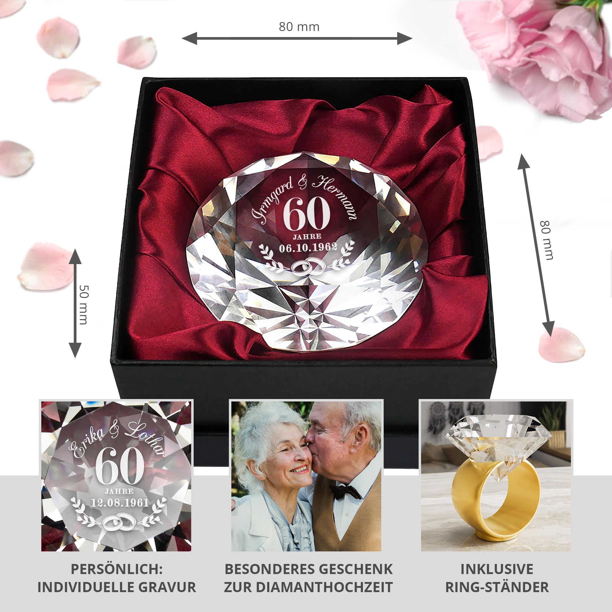 Diamant Kristall mit Gravur zur Diamant Hochzeit und Ring Displayständer