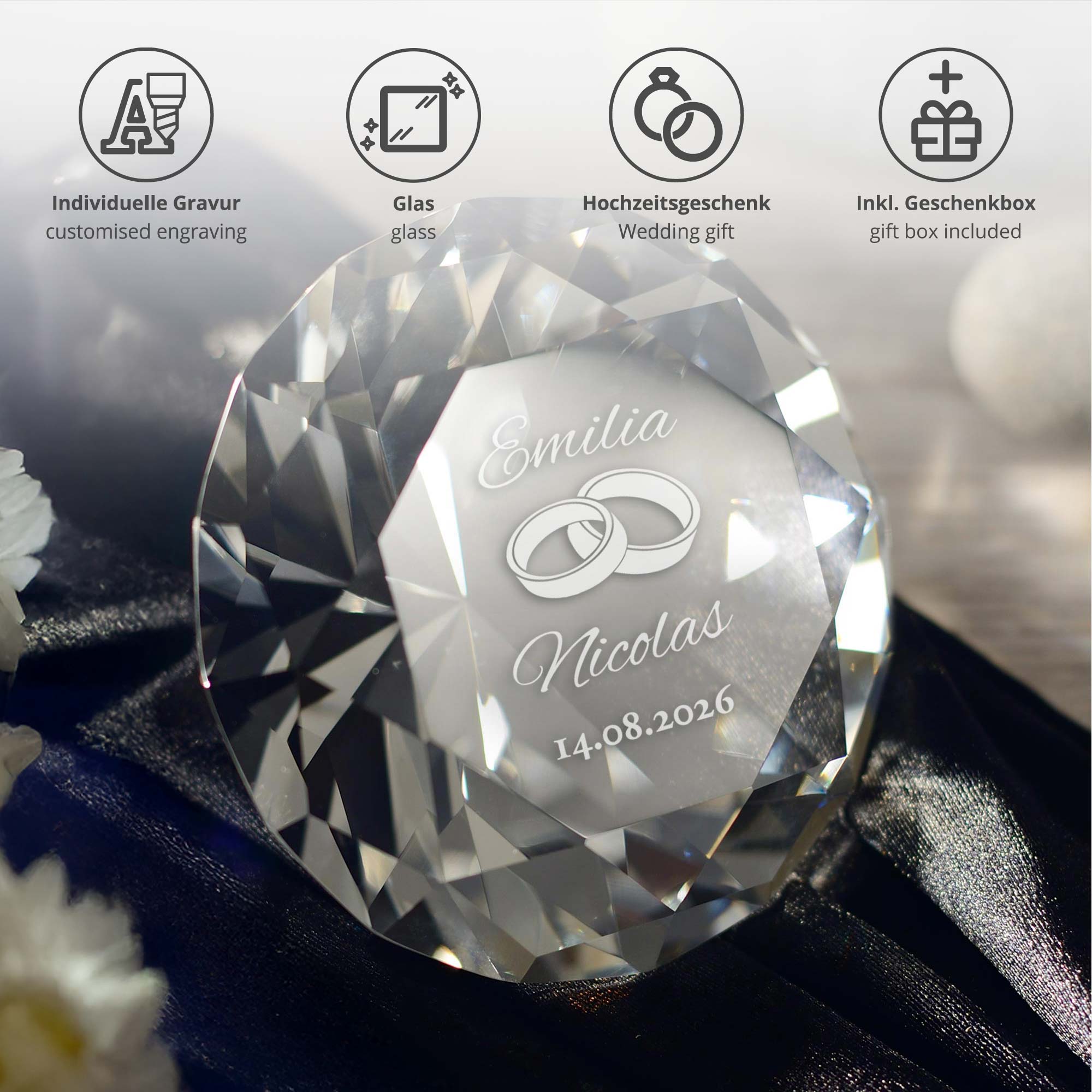 Diamant Kristall mit Gravur zur Hochzeit Diamant Kristall mit Gravur zur Hochzeit
