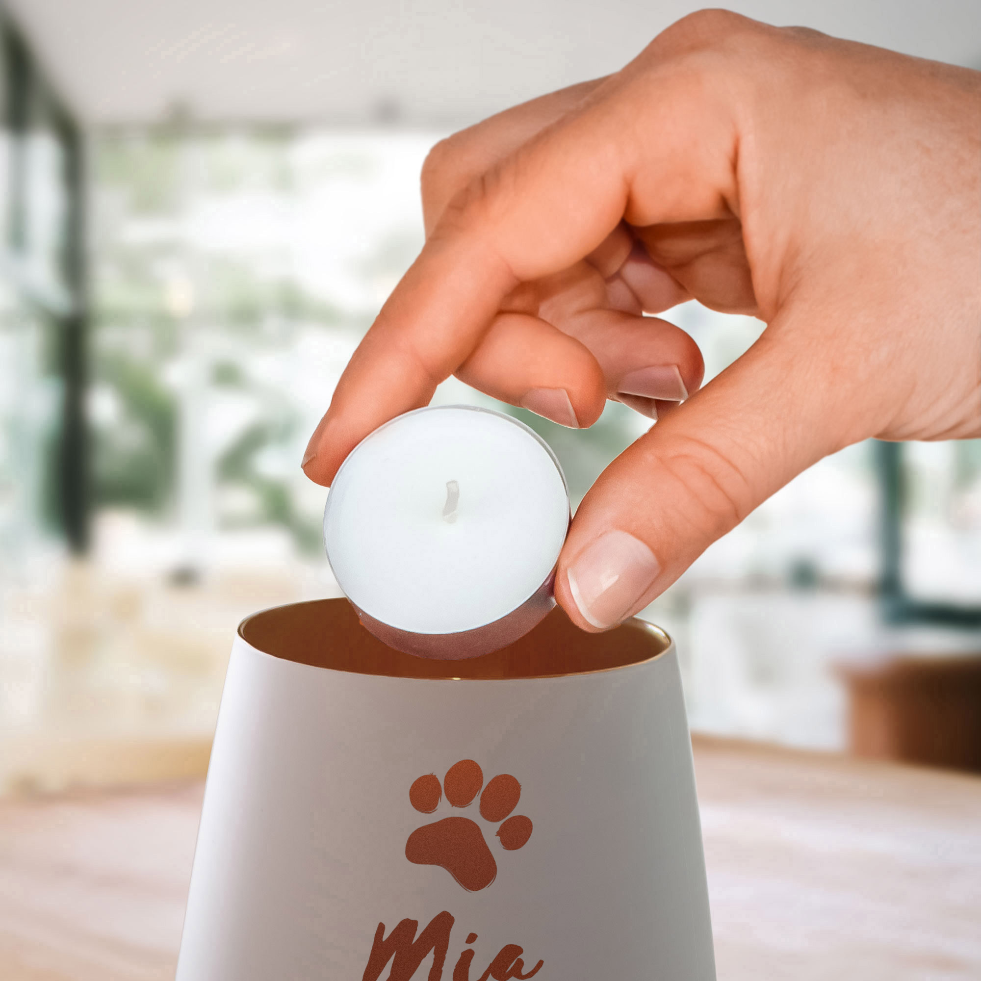 Weißes Windlicht zur Trauer für Katze - Bronze