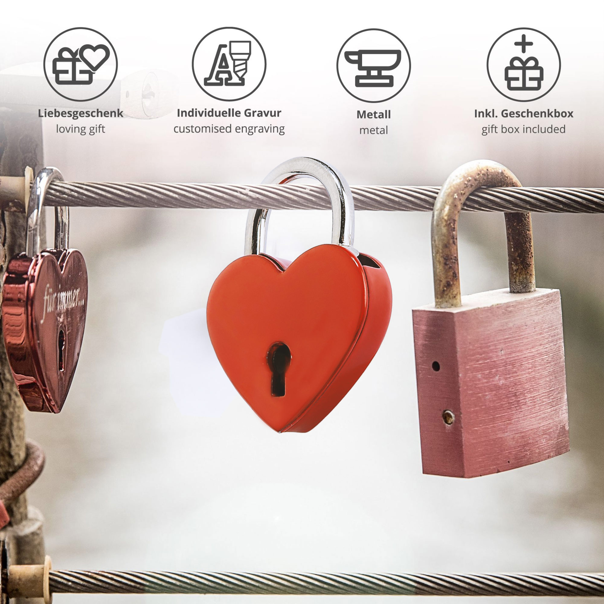 Liebesschloss mit Gravur - Rotes Herz