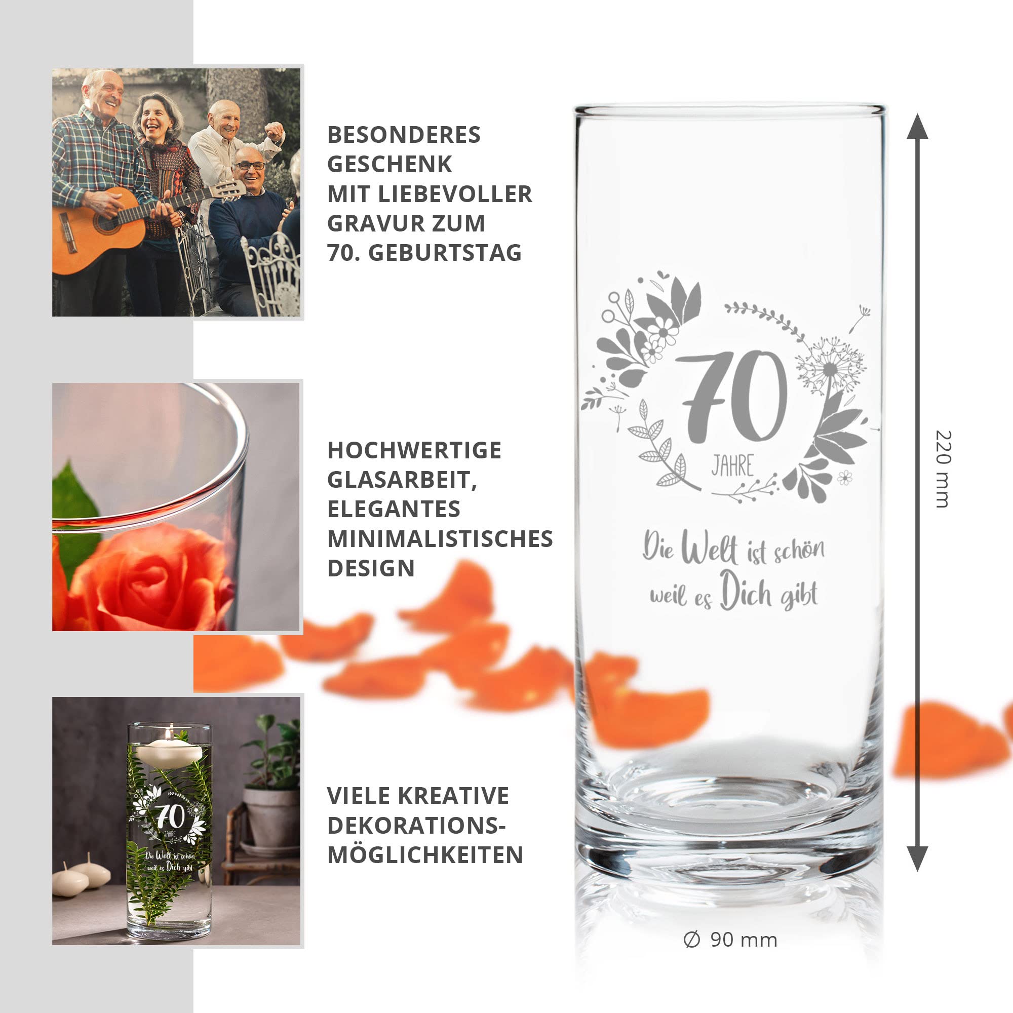 Runde Vase mit Gravur - 70. Geburtstag