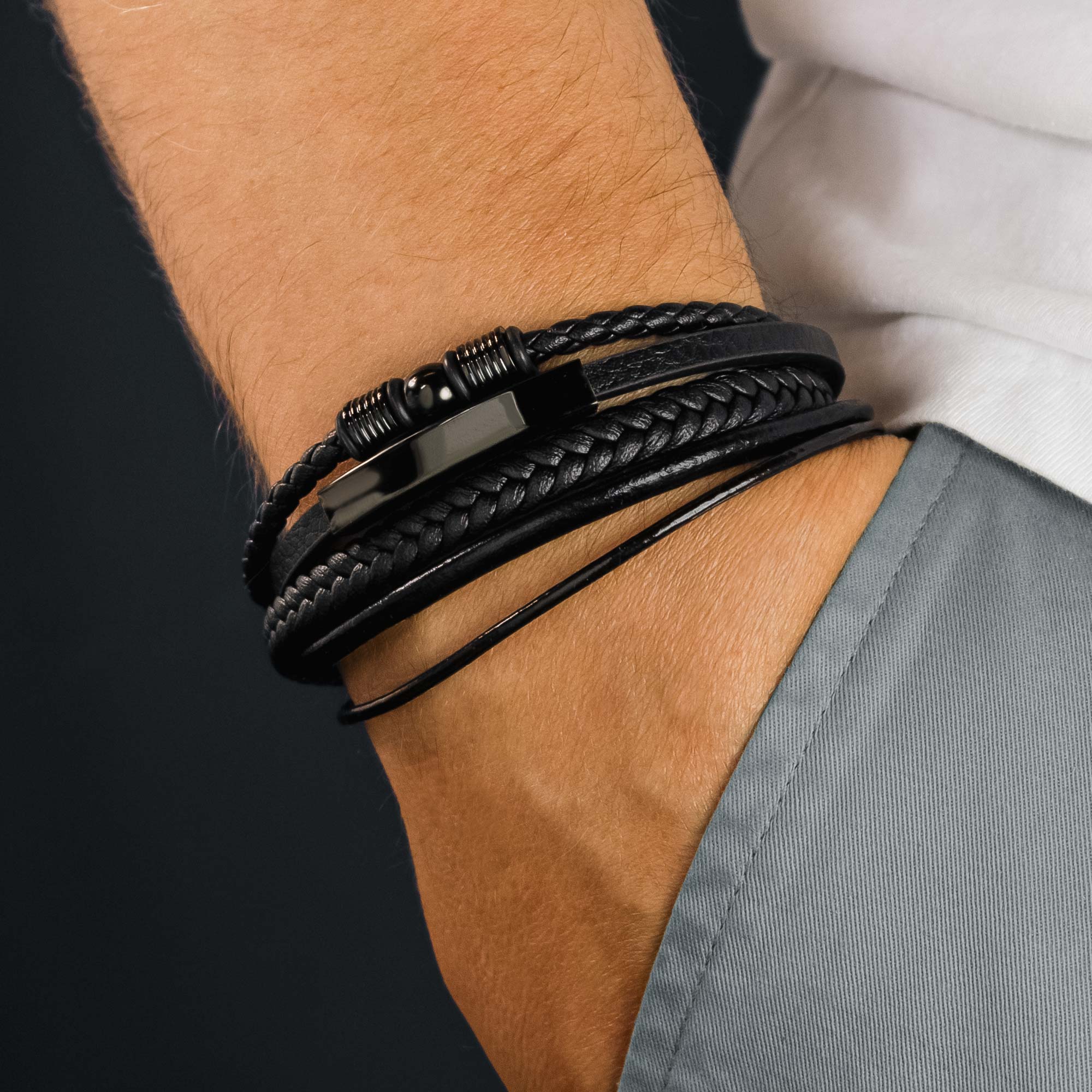 Geflochtenes Lederarmband mit Beads Schwarz - Herren Armband