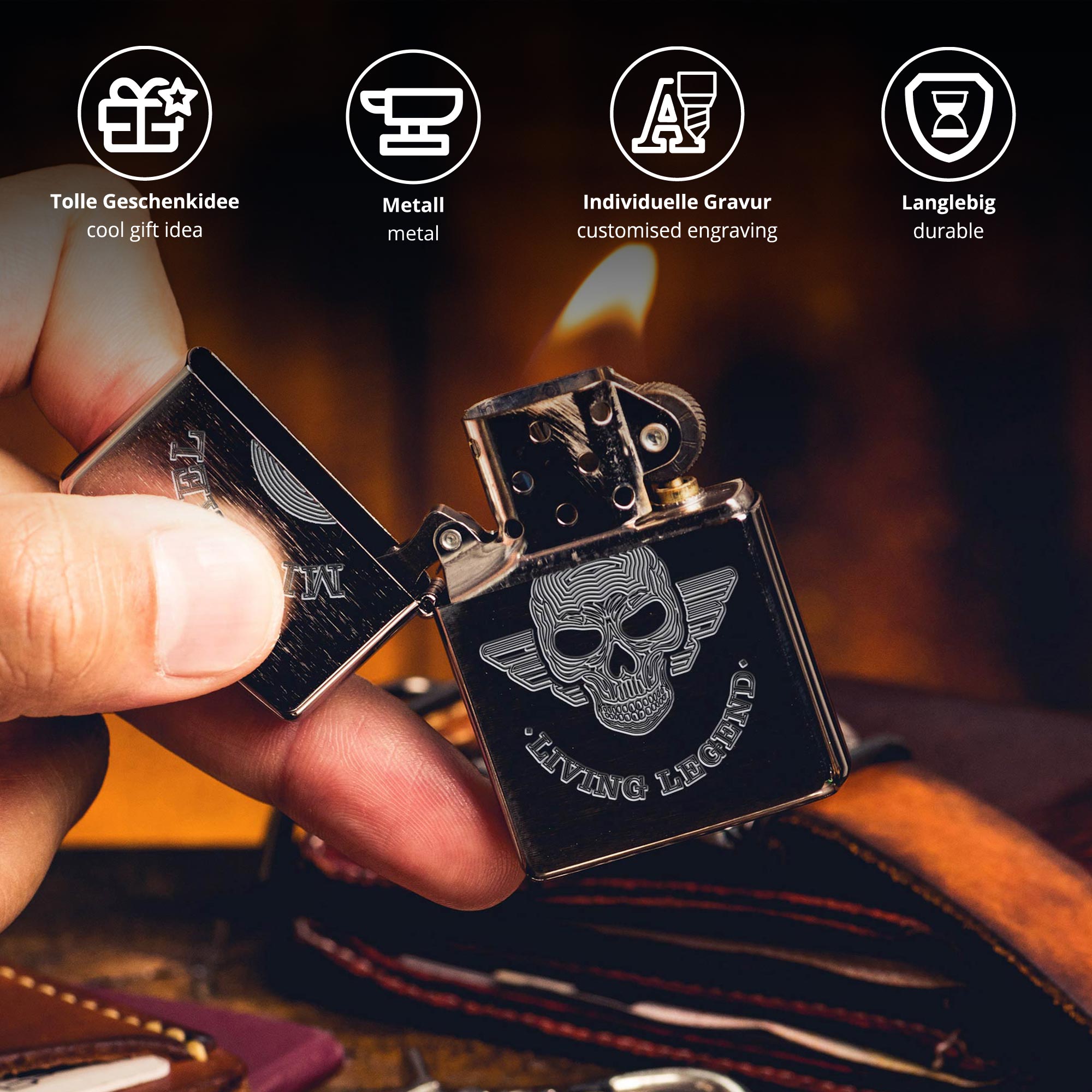 Zippo Sturmfeuerzeug mit Gravur - Totenkopf
