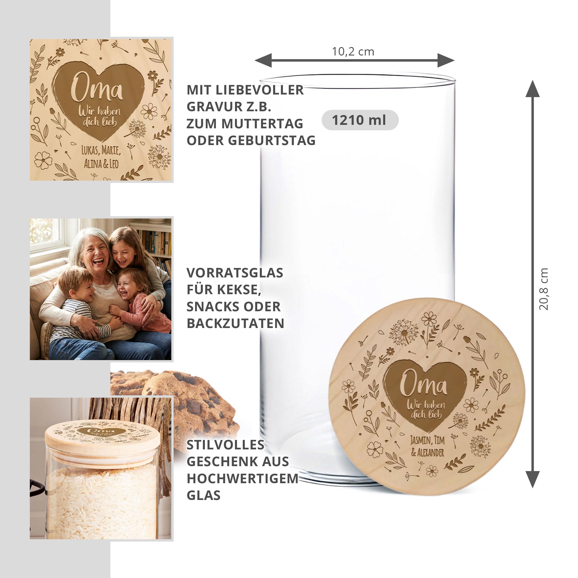 Vorratsglas mit Gravur - Blumenherz für Oma