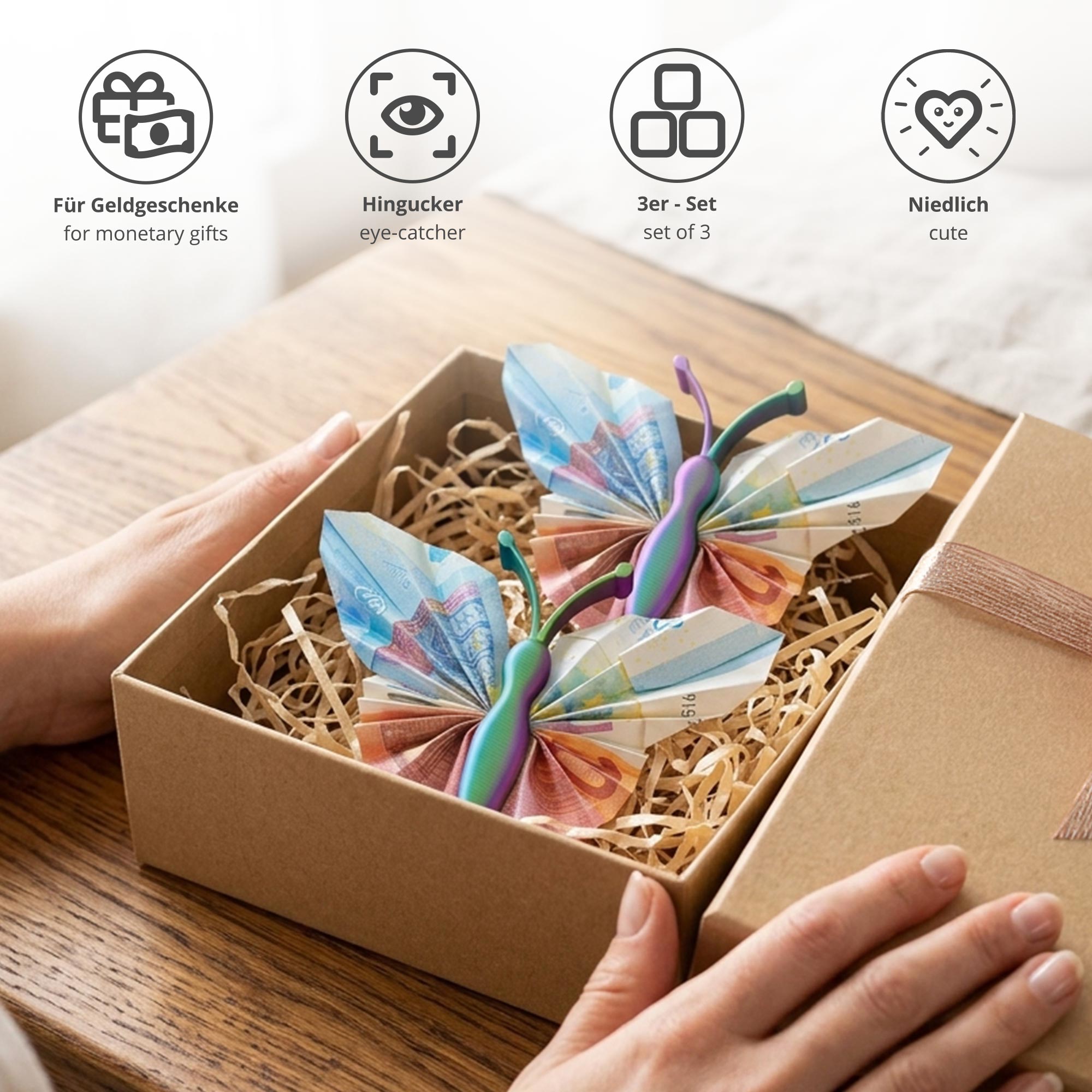 Geldgeschenk Schmetterling Farbverlauf – 3er Set Geschenkverpackung für Geld