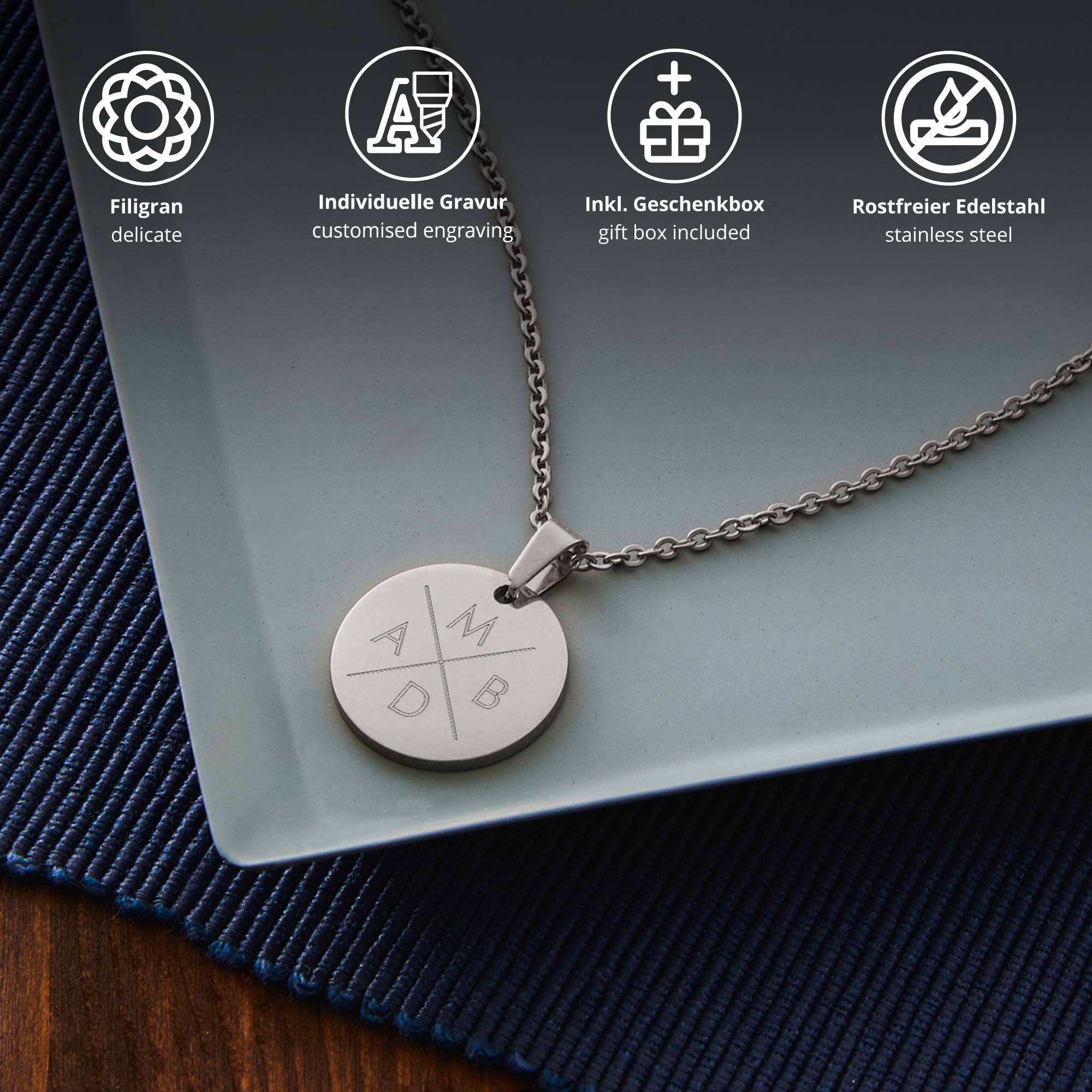 Kette Kreis M - Silber - 4 Initialen - Personalisiert
