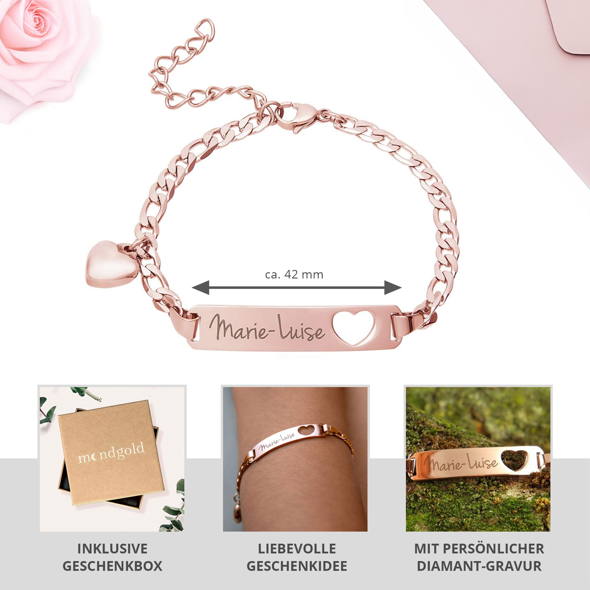 Armband mit Herzstanze Rosegold - Namensgravur