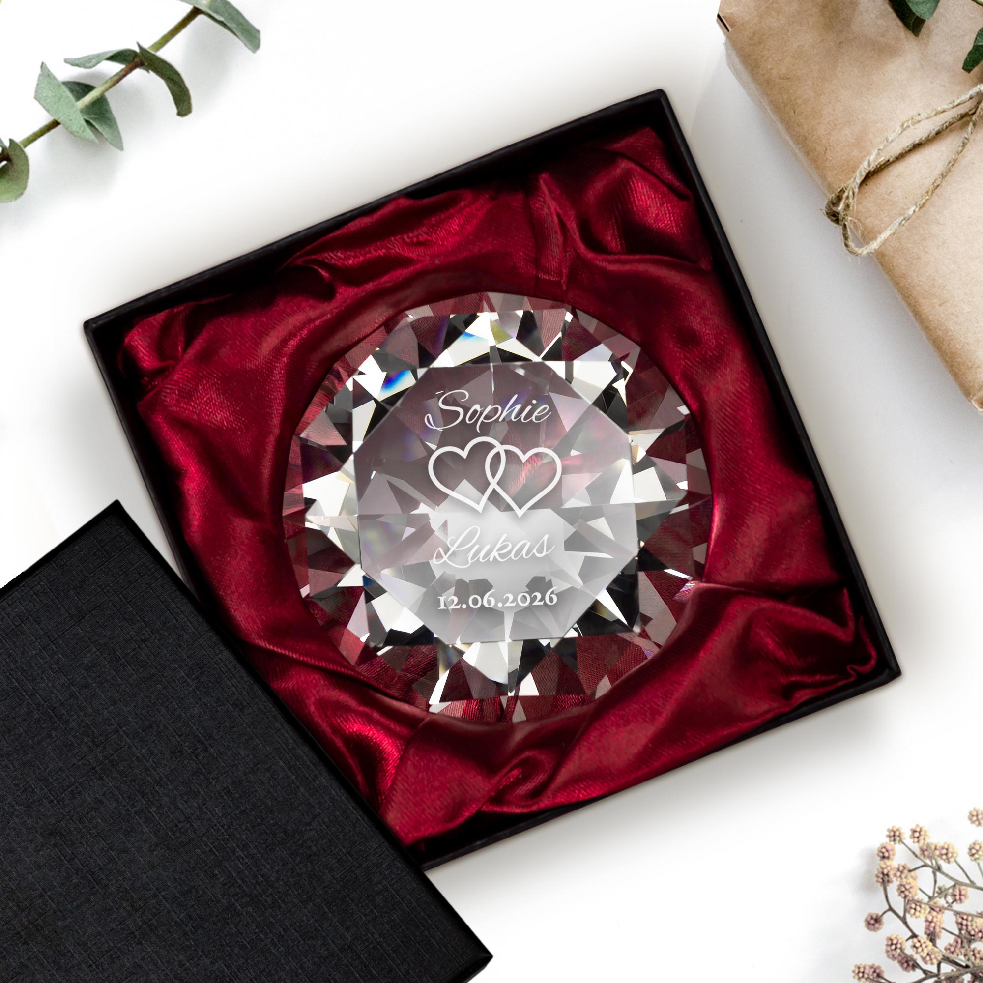 Diamant Kristall mit Gravur zur Hochzeit und Ring Displayständer Silber