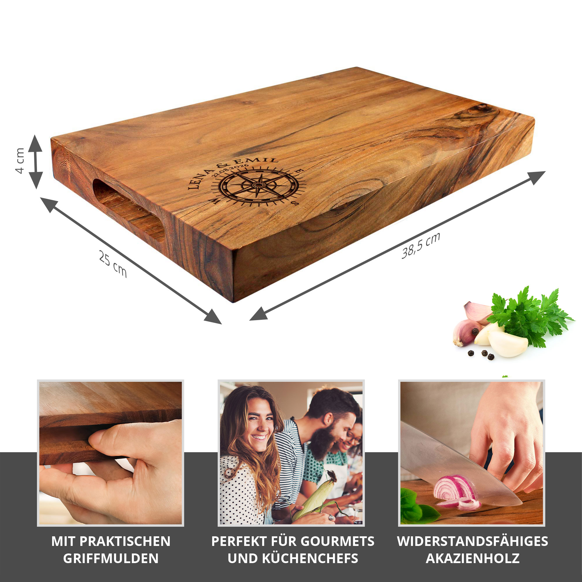 Schneideblock mit Griffmulden - Kompass Gravur