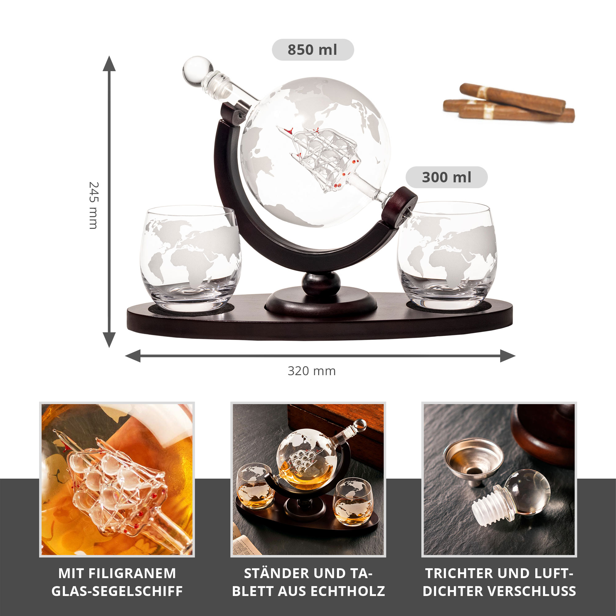 Whisky Set mit Globus Karaffe und 2 Gläsern - Segelschiff 3947 - 1