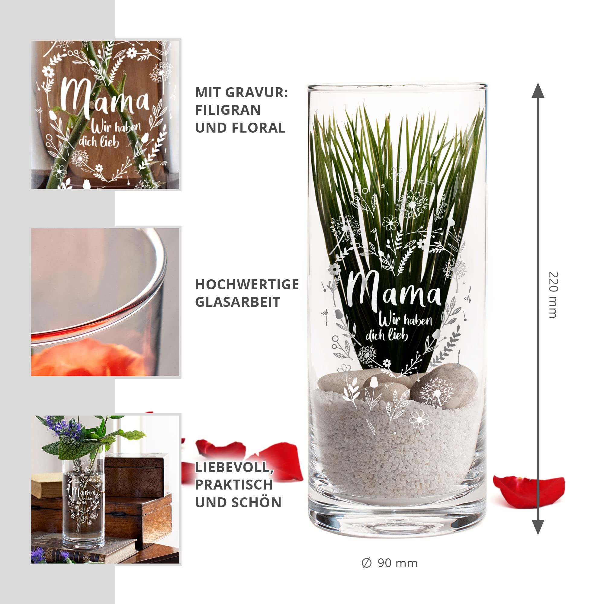 Runde Vase mit Gravur - Blumenherz Mama