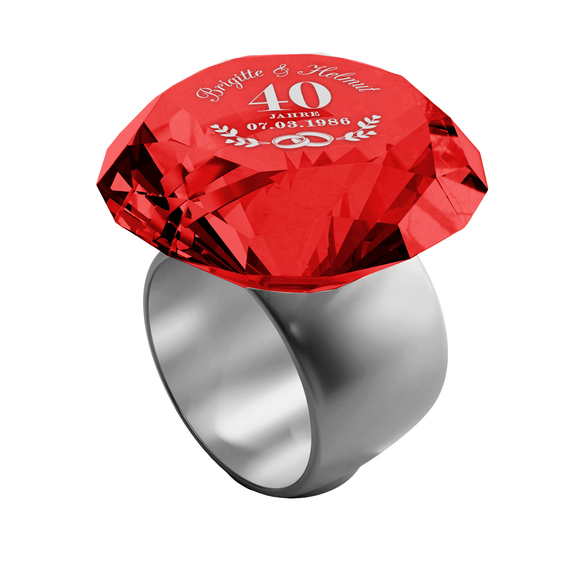 Diamant Kristall Rot mit Gravur zur Rubinhochzeit und Ring Displayständer Silber