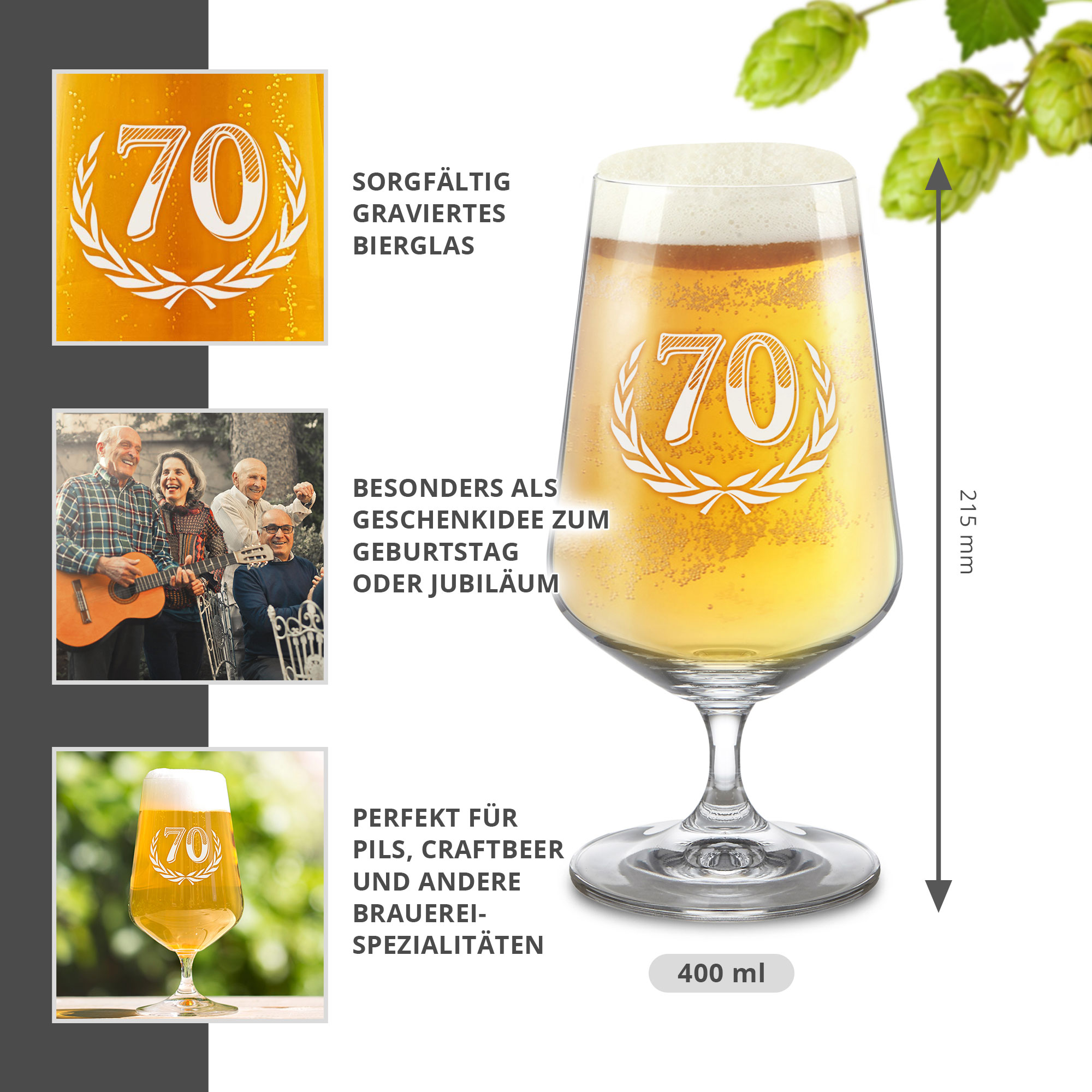 Bierglas mit Gravur zum 70. Geburtstag