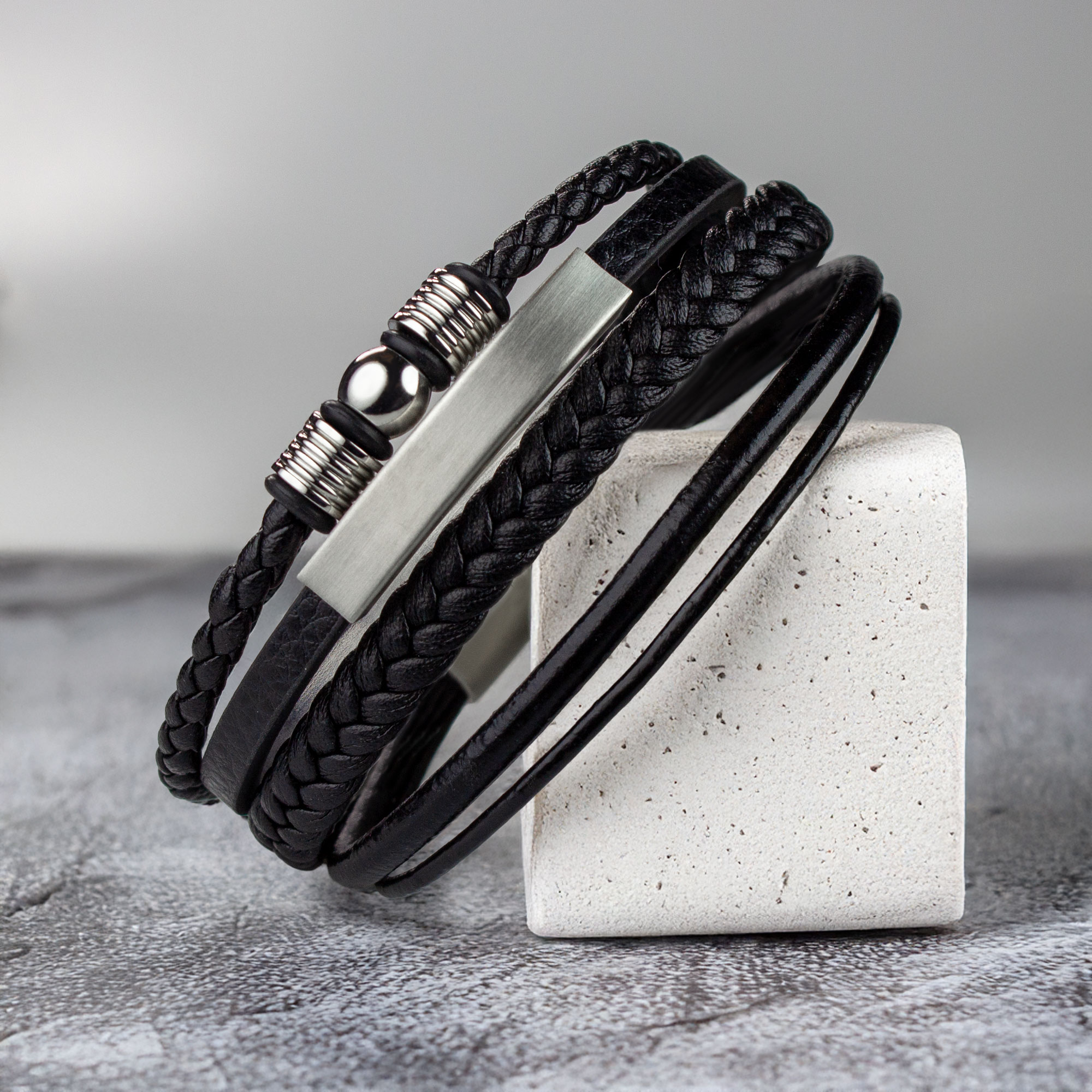 Geflochtenes Lederarmband mit Beads Silber - Herren Armband