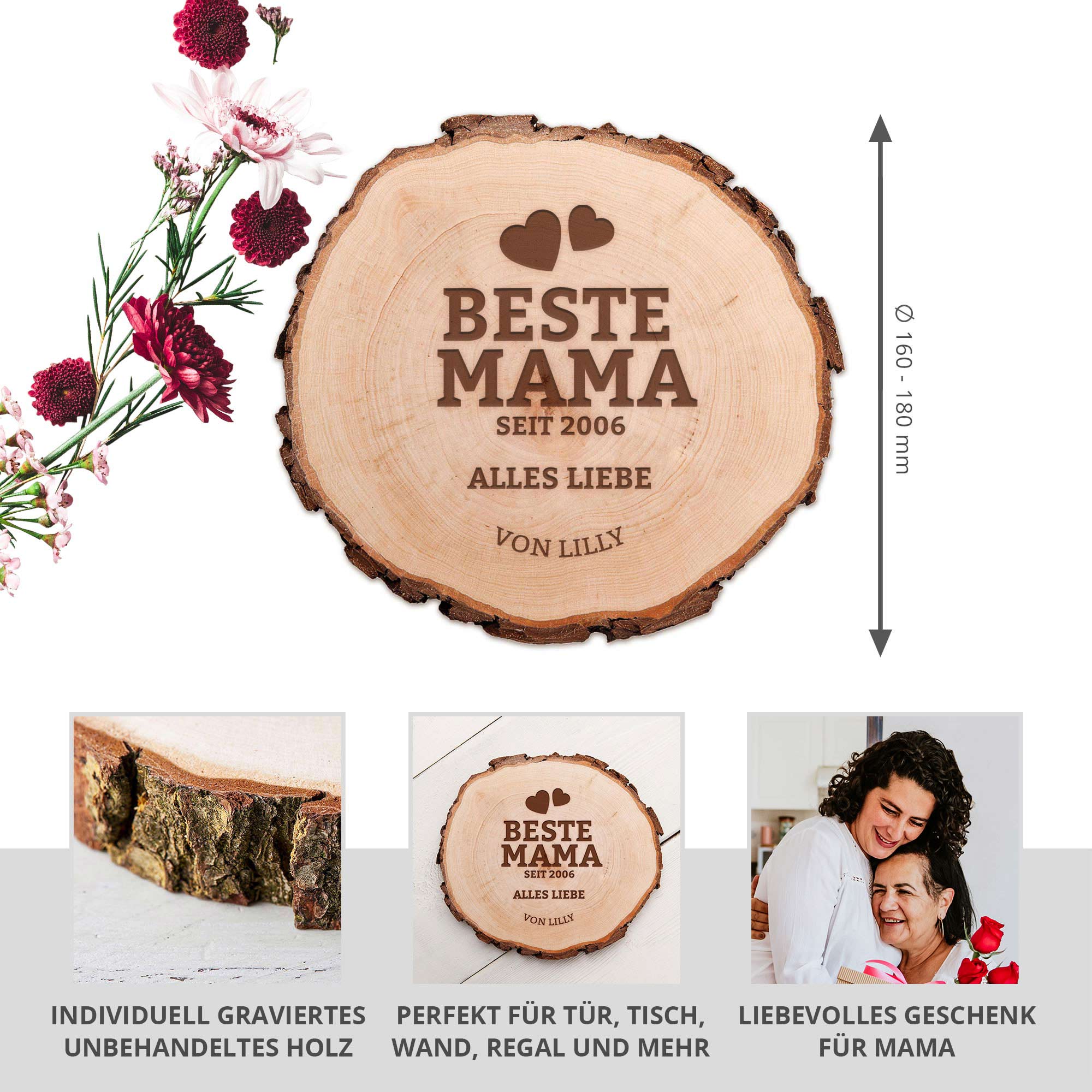 Baumscheibe mit Gravur - Beste Mama von Herzen Baumscheibe mit Gravur - Beste Mama von Herzen