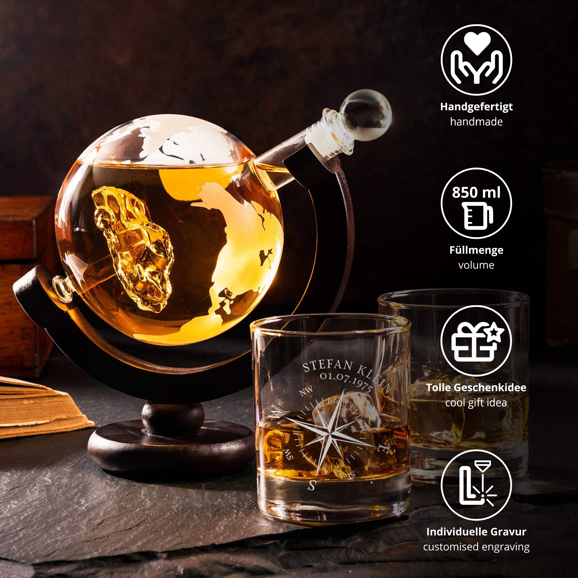 Whiskyset Globus Karaffe Auto und Whiskyglas mit Gravur - Kompass Whiskyset Globus Karaffe Auto und Whiskyglas mit Gravur - Kompass