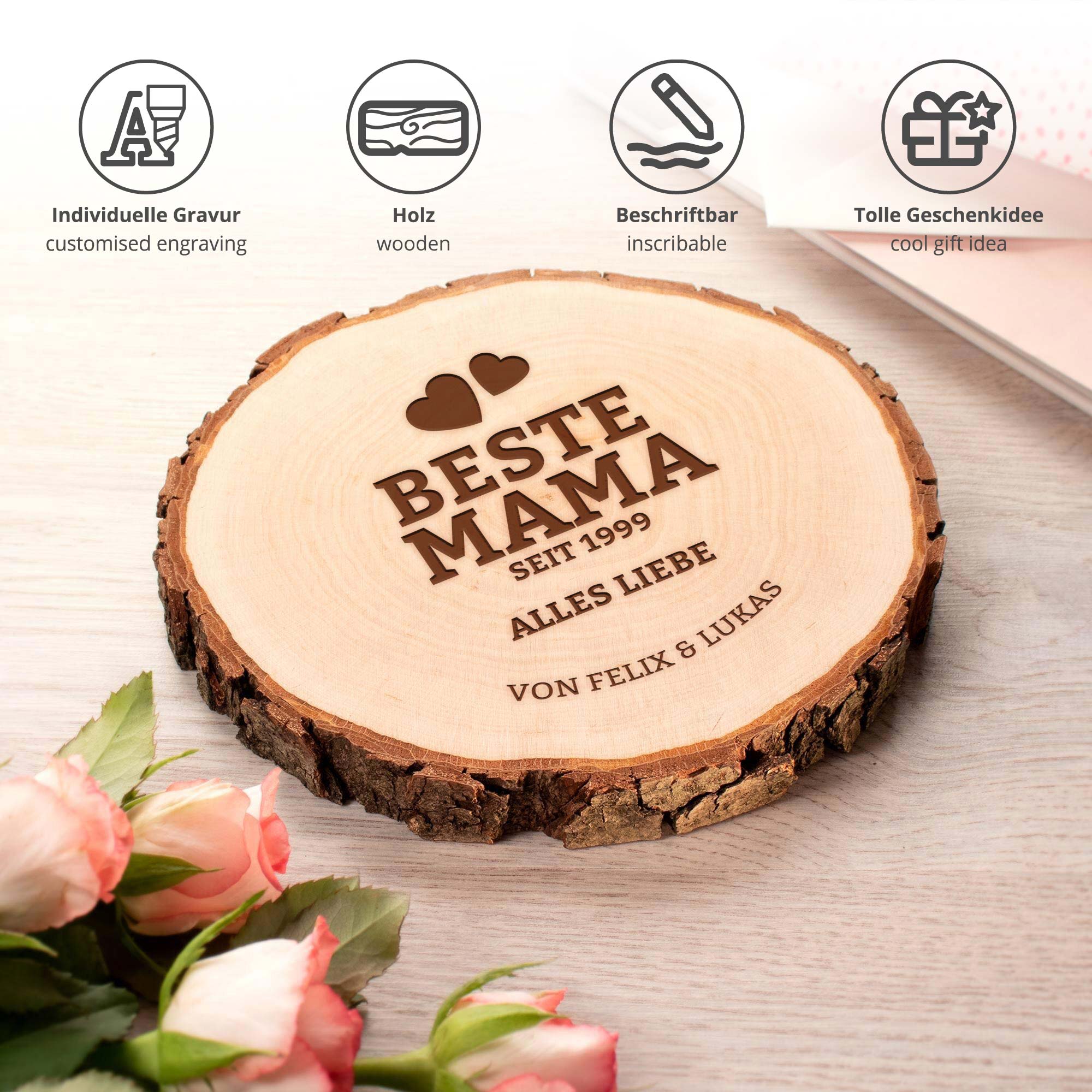 Baumscheibe mit Gravur - Beste Mama von Herzen Baumscheibe mit Gravur - Beste Mama von Herzen