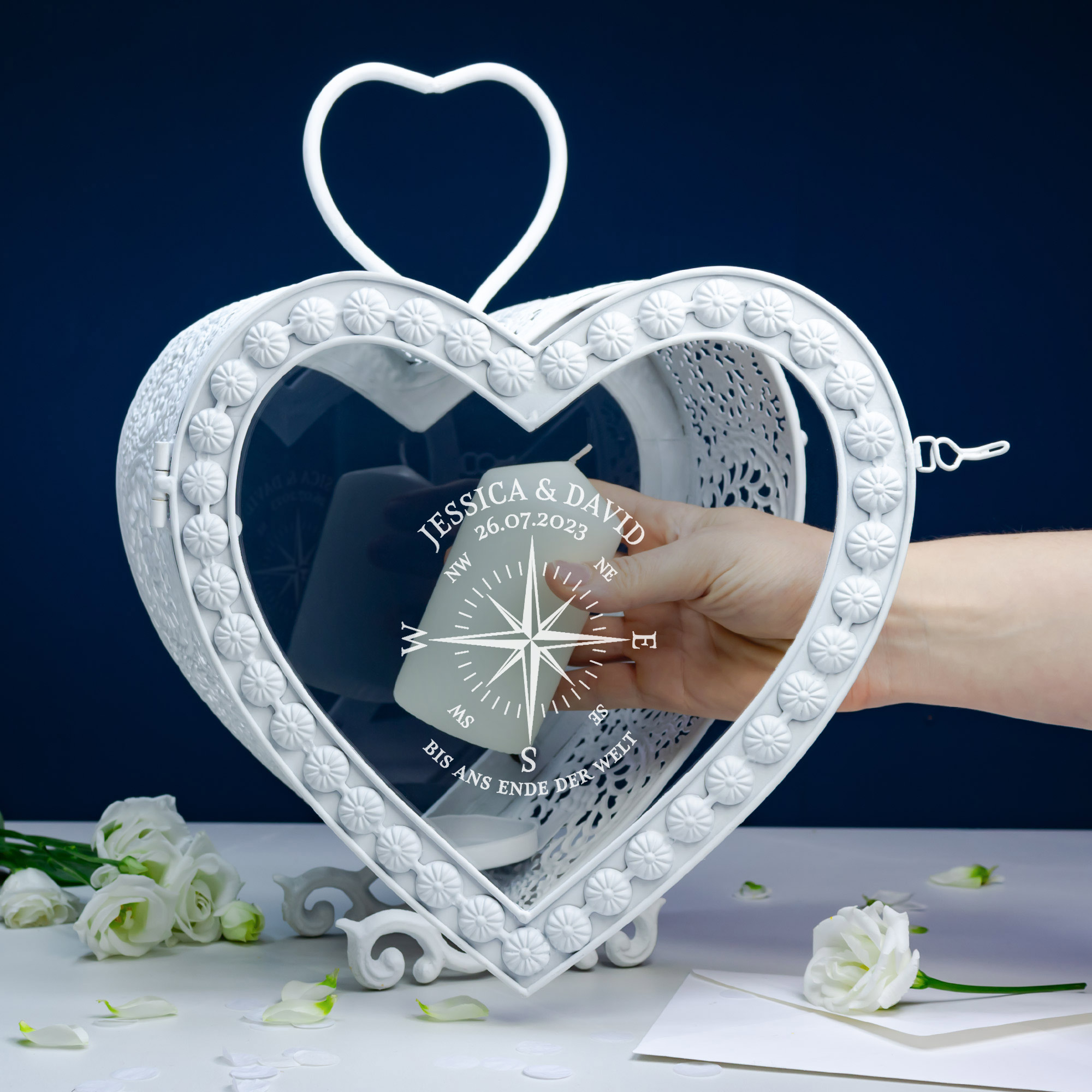 Laterne - Herz - Weiß - Kompass Liebe - Personalisiert