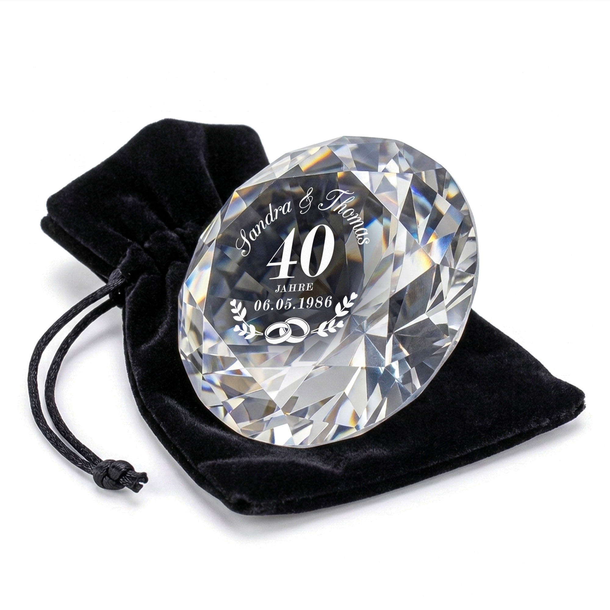 Diamant Kristall mit Gravur und Samtsäckchen - Rubinhochzeit Diamant Kristall mit Gravur und Samtsäckchen - Rubinhochzeit