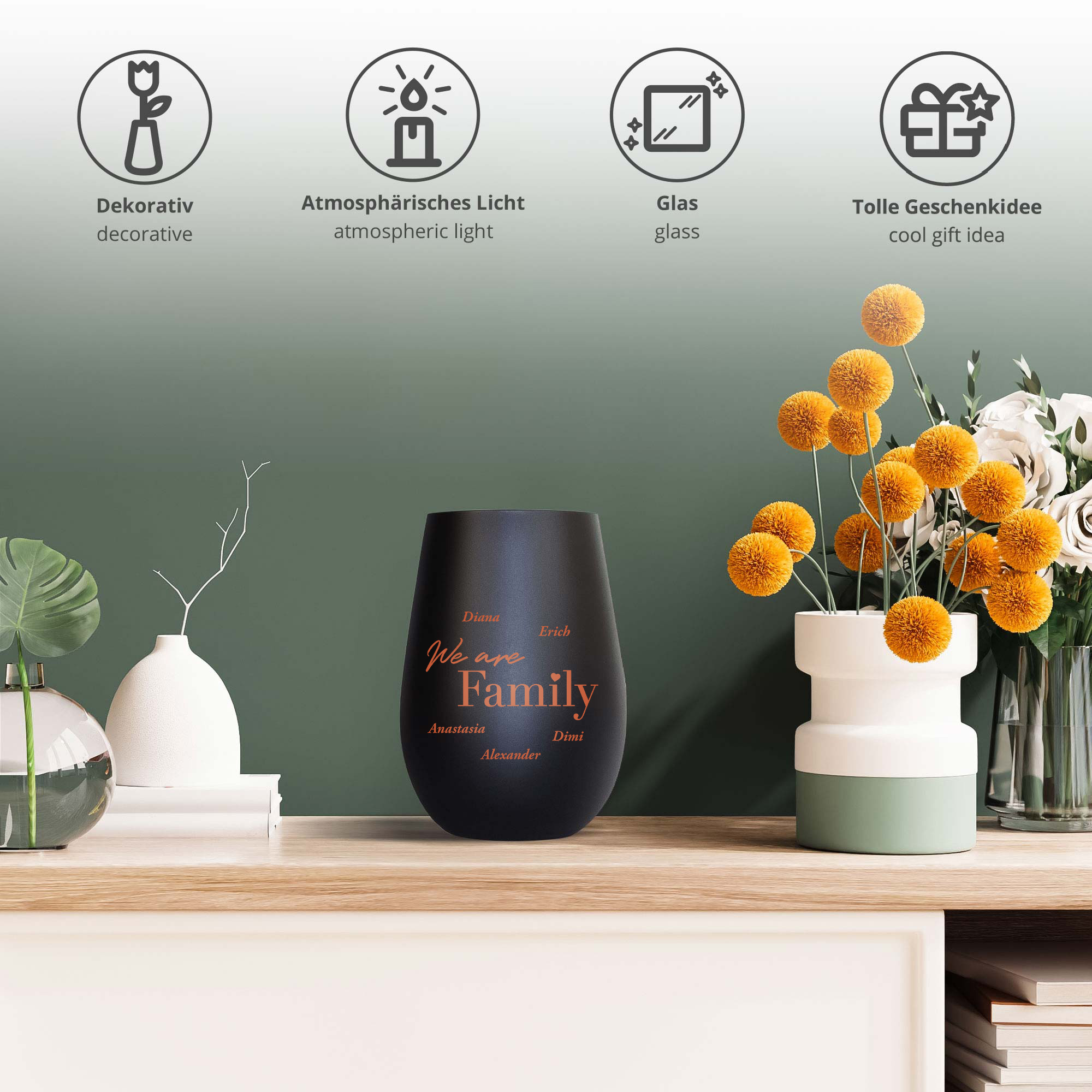 Schwarzes Windlicht mit Gravur Family - Bronze