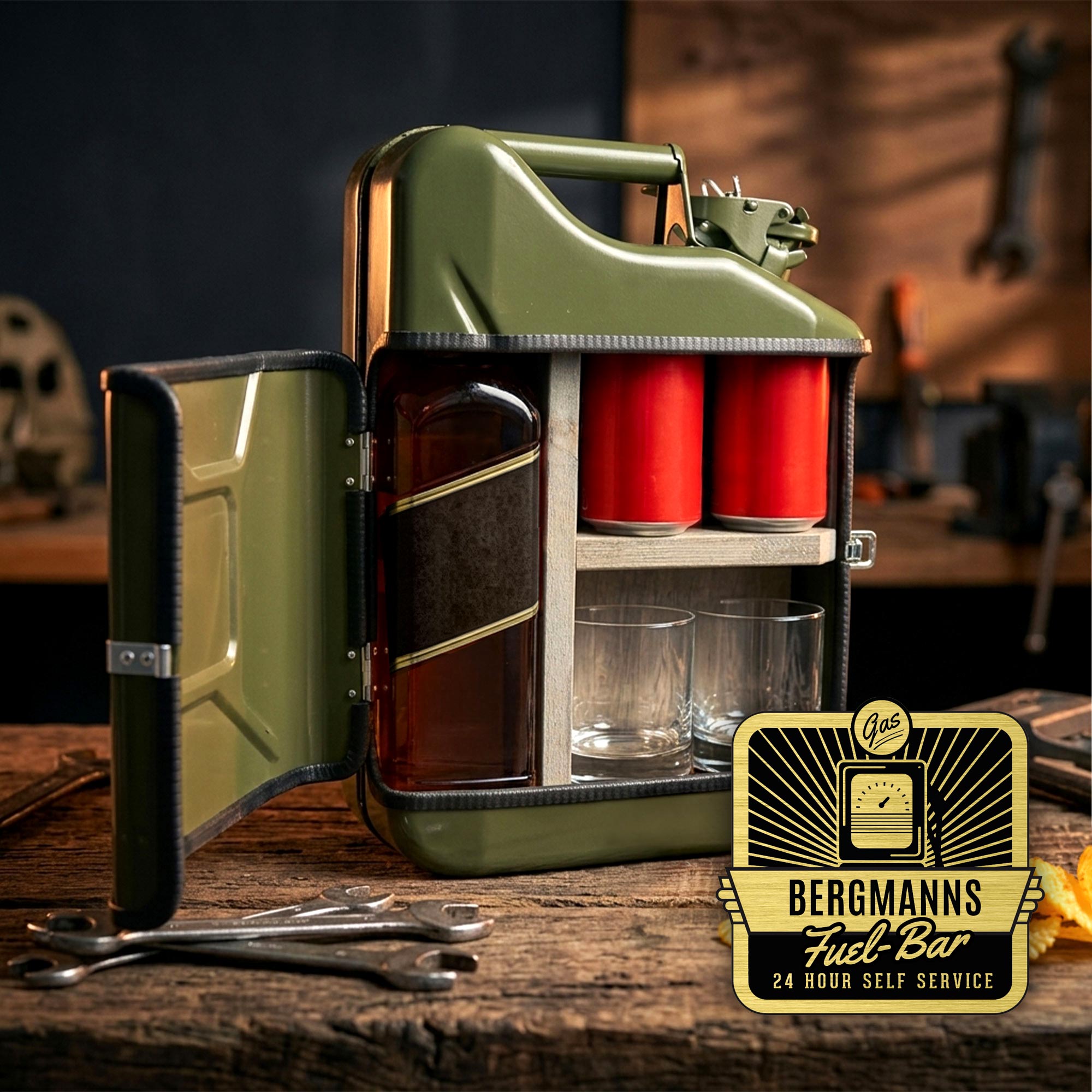 Personalisierte 10l Kanisterbar - grüne Mini Bar mit Barschrank 3-teilig