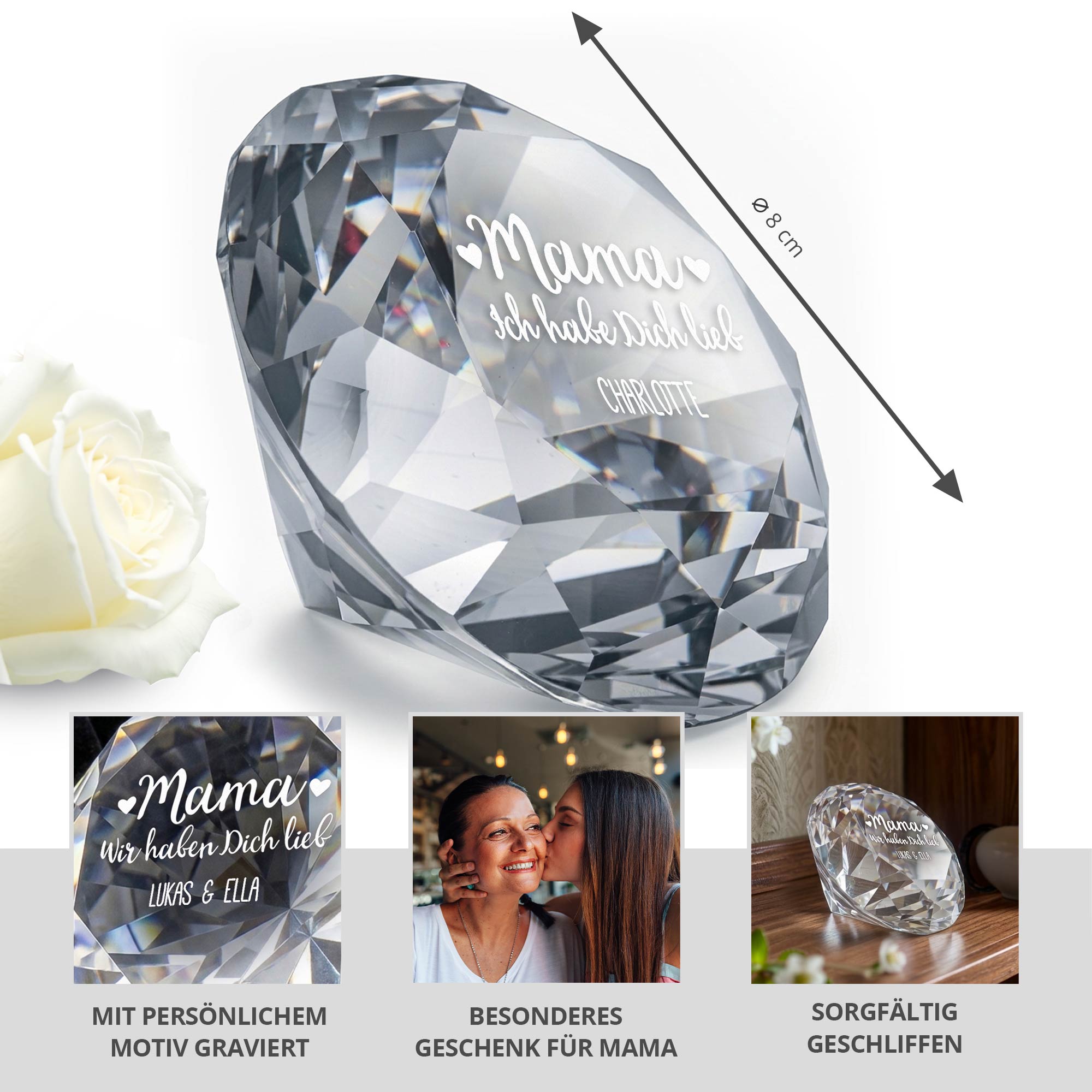 Diamant Kristall mit Gravur und Samtsäckchen - Mama wir haben dich lieb Diamant Kristall mit Gravur und Samtsäckchen - Mama wir haben dich lieb