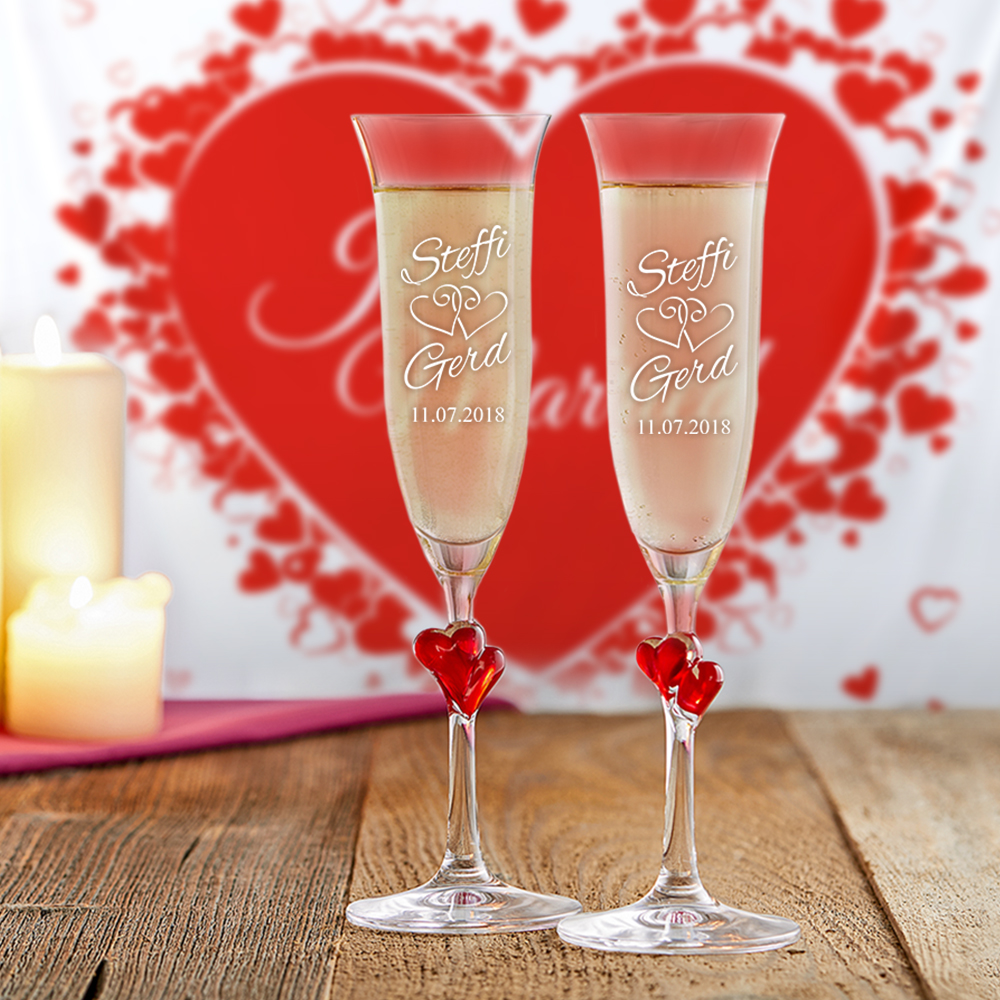 Hochzeitslaken Herzmotiv & Herzen Sektgläser mit Gravur 3894 - 4