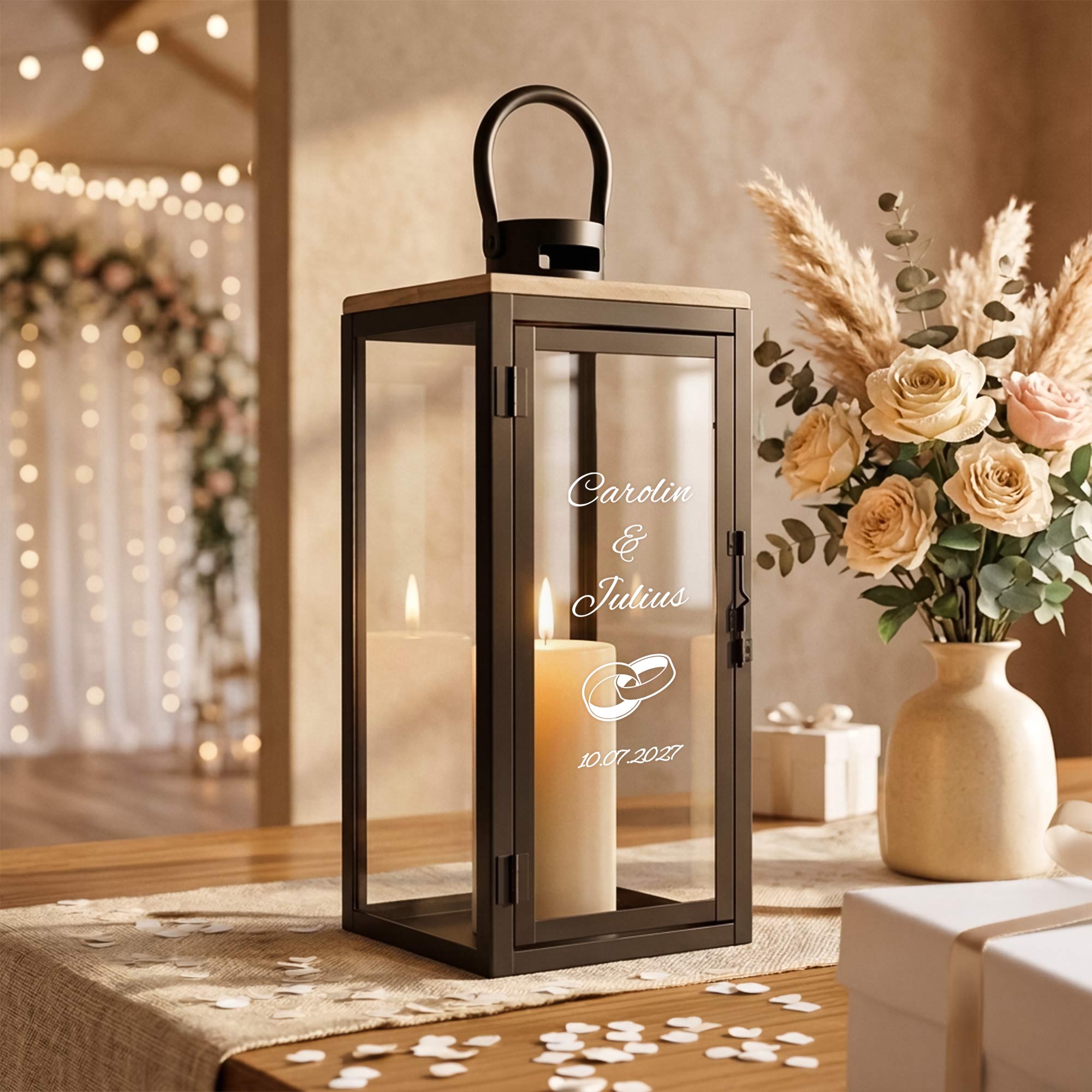 Personalisierte Holzlaterne zur Hochzeit Schwarz - Ringe
