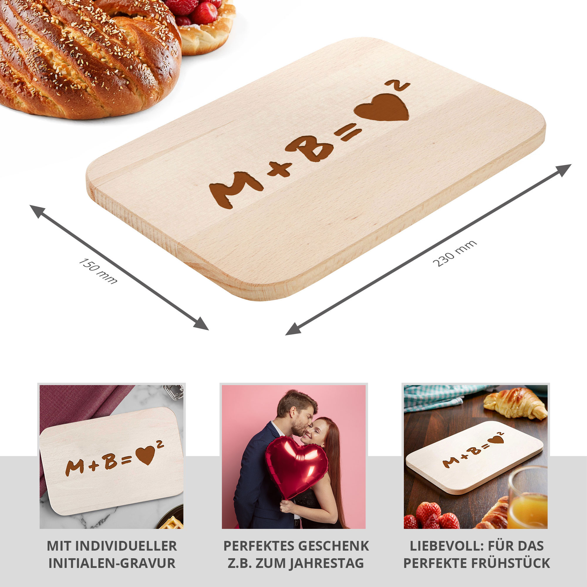 Frühstücksbrettchen mit Gravur - Herz zum Quadrat