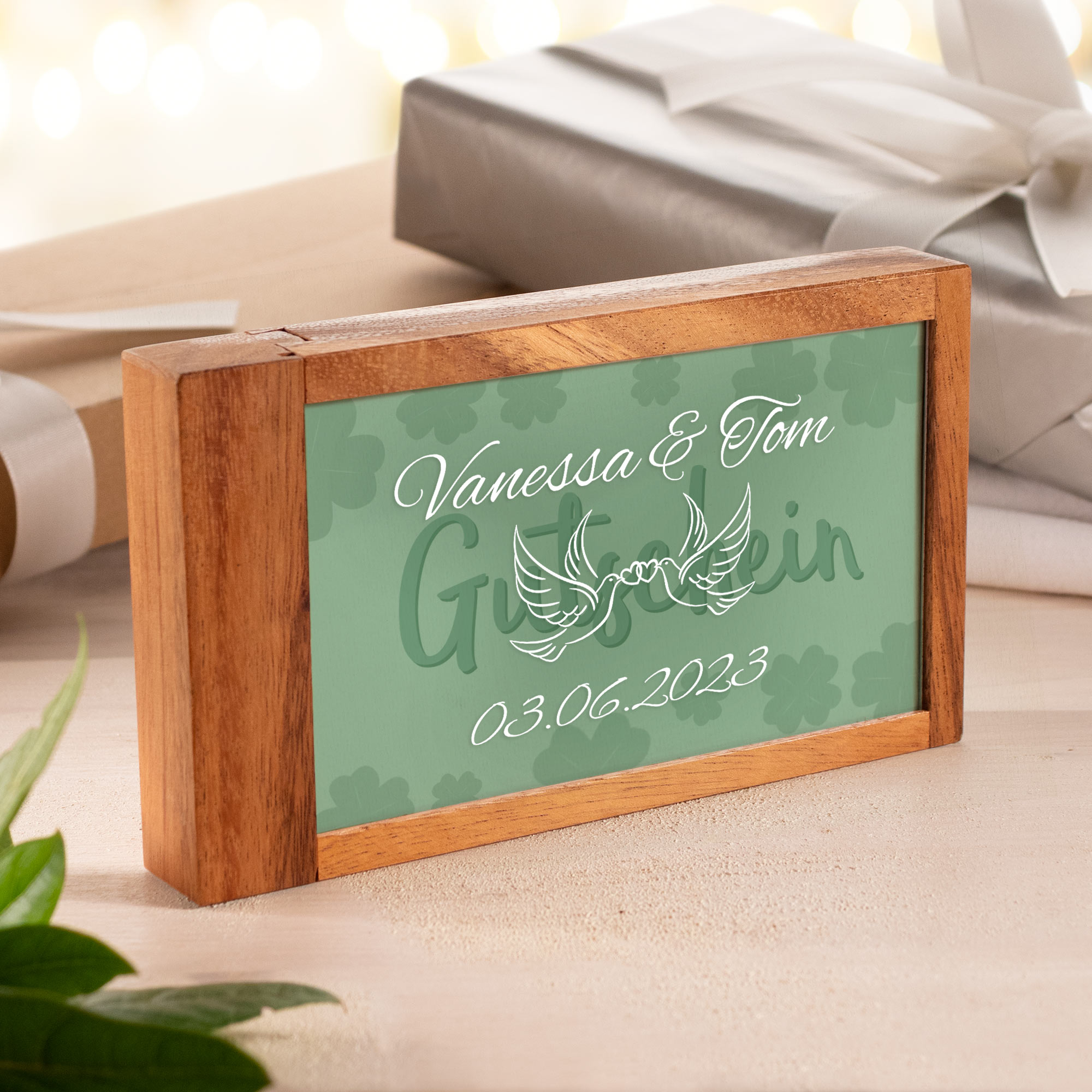 Magische Geldgeschenkbox - Liebestauben Gravur