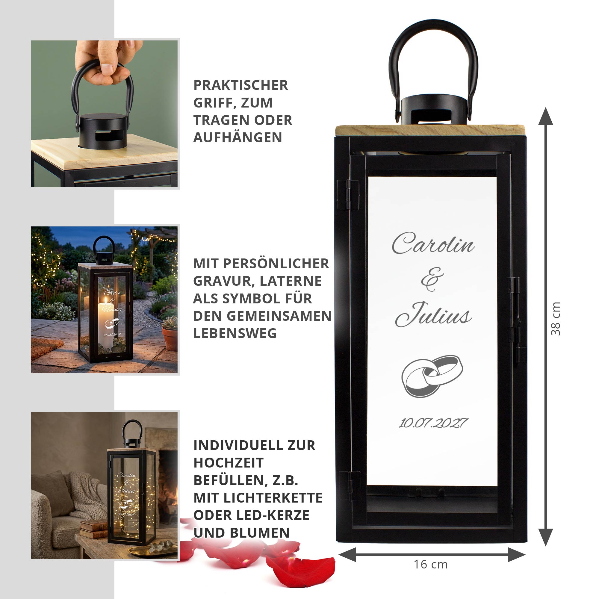 Personalisierte Holzlaterne zur Hochzeit Schwarz - Ringe Personalisierte Holzlaterne zur Hochzeit Schwarz - Ringe