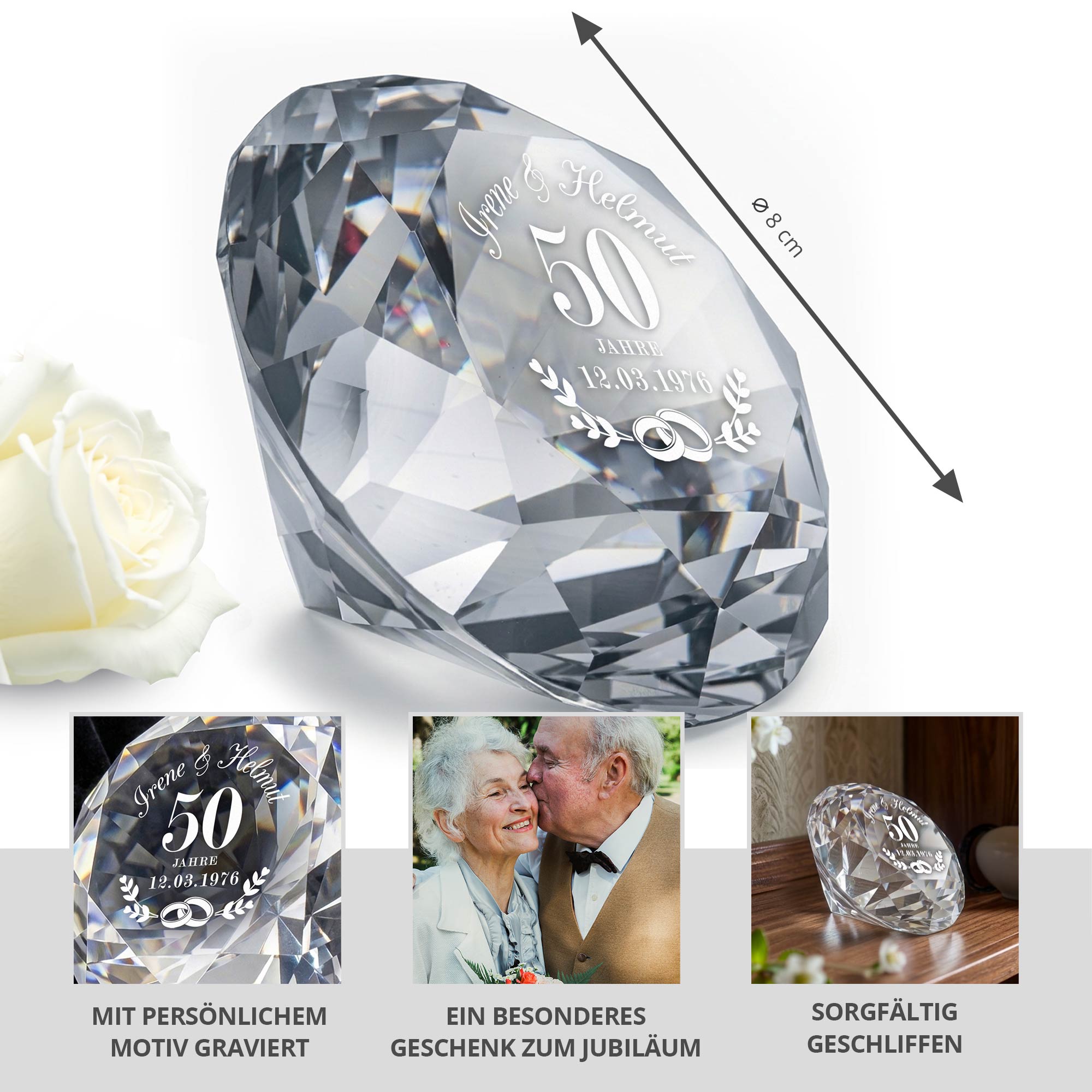 Diamant Kristall mit Gravur und Samtsäckchen - Goldhochzeit Diamant Kristall mit Gravur und Samtsäckchen - Goldhochzeit
