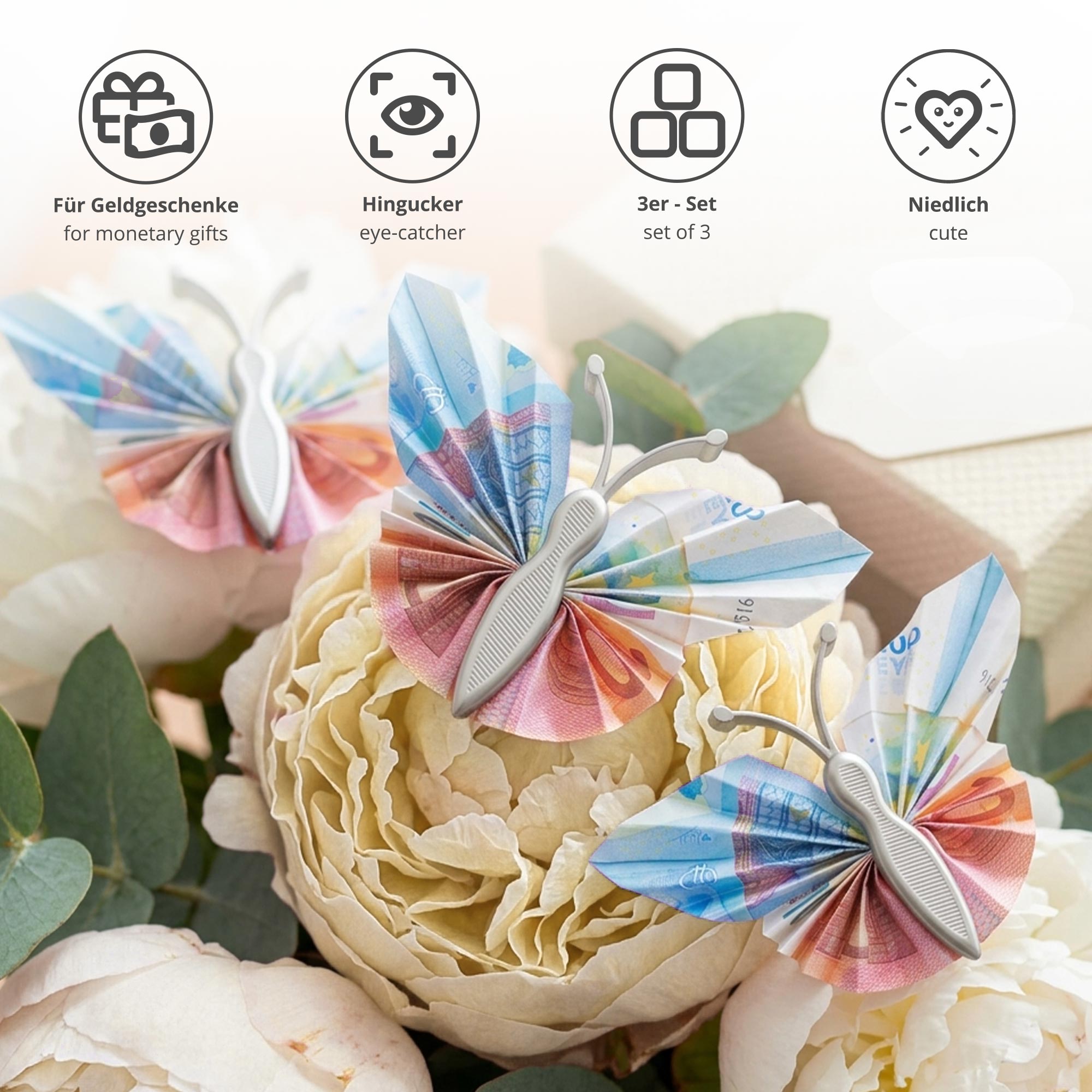 Geldgeschenk Schmetterling Silber - 3er Set Geschenkverpackung für Geld