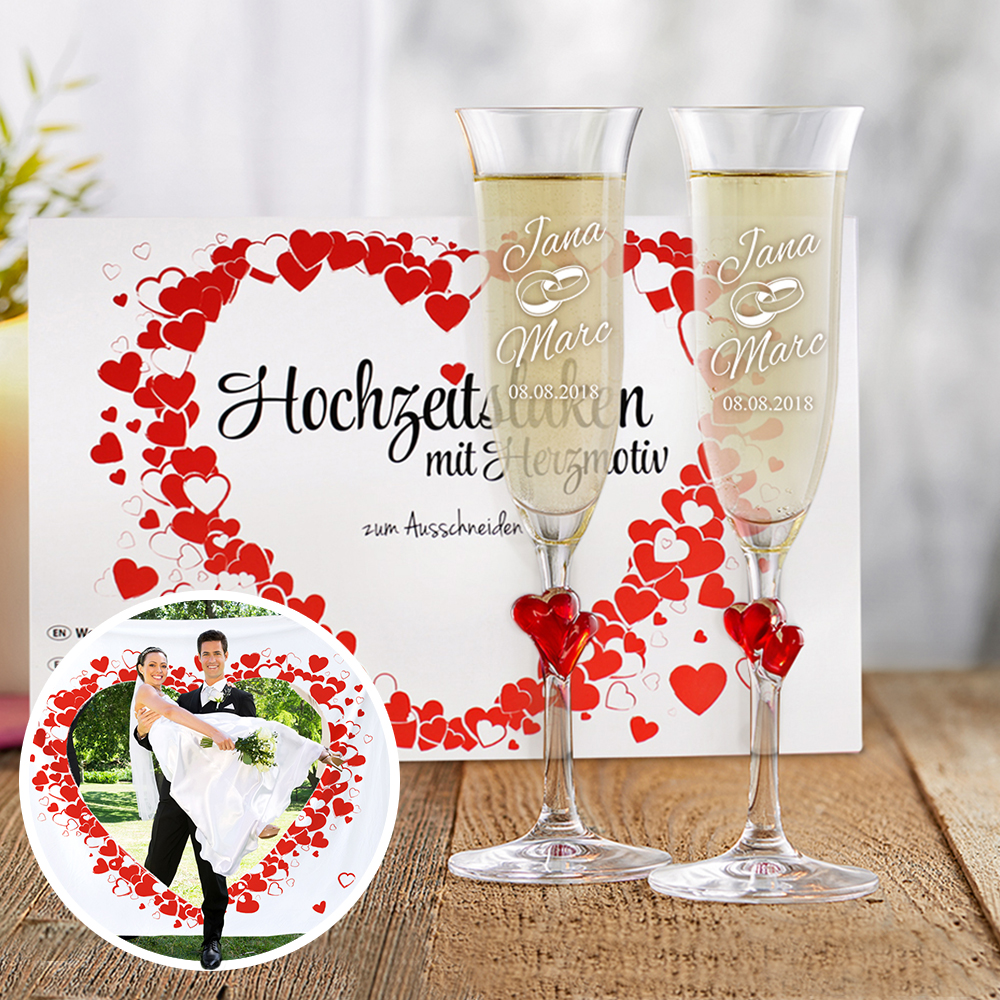 Hochzeitslaken Herzmotiv & Herzen Sektgläser mit Gravur 3894