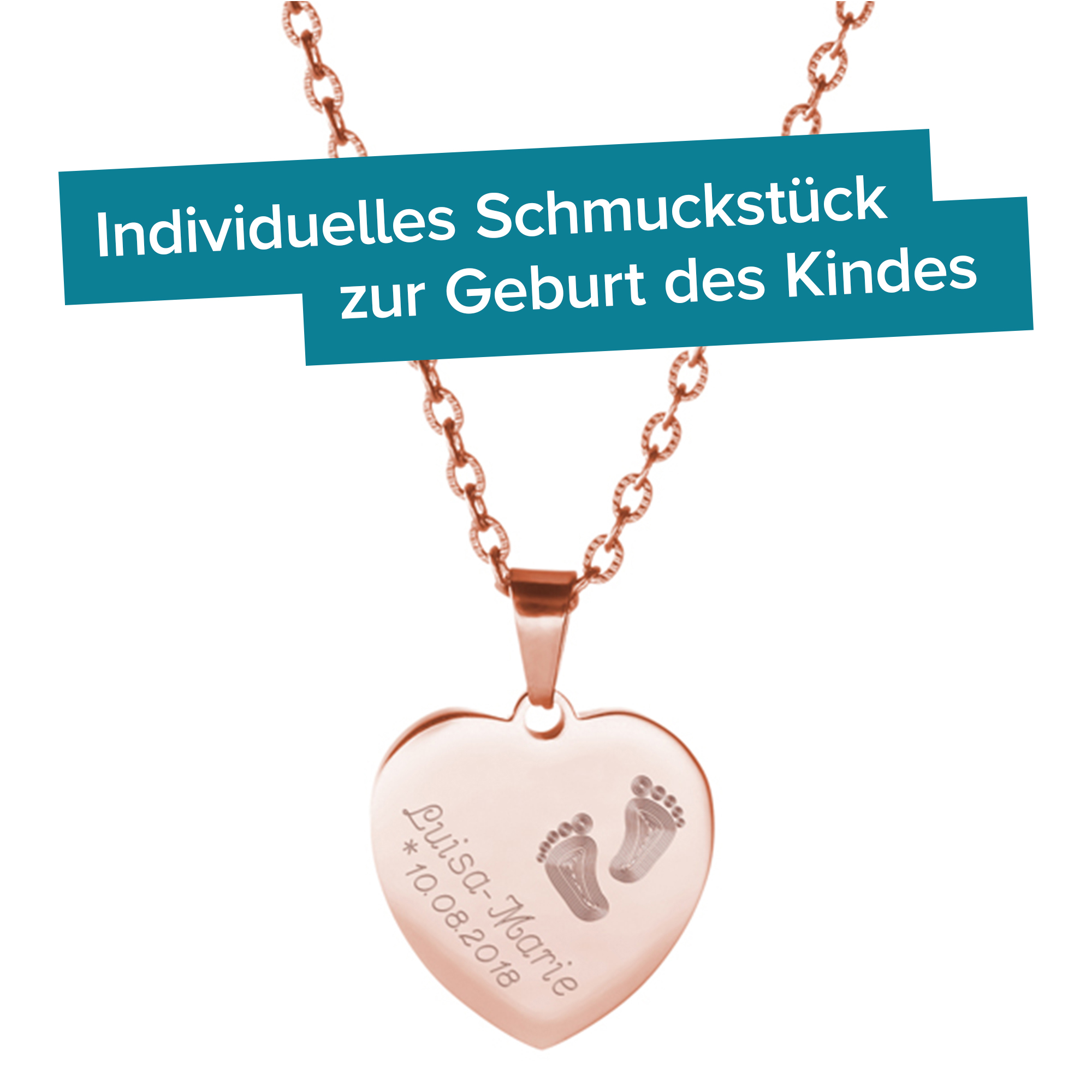 Herzanhänger Rosegold graviert mit Kette - Babyfüße 4082 - 1