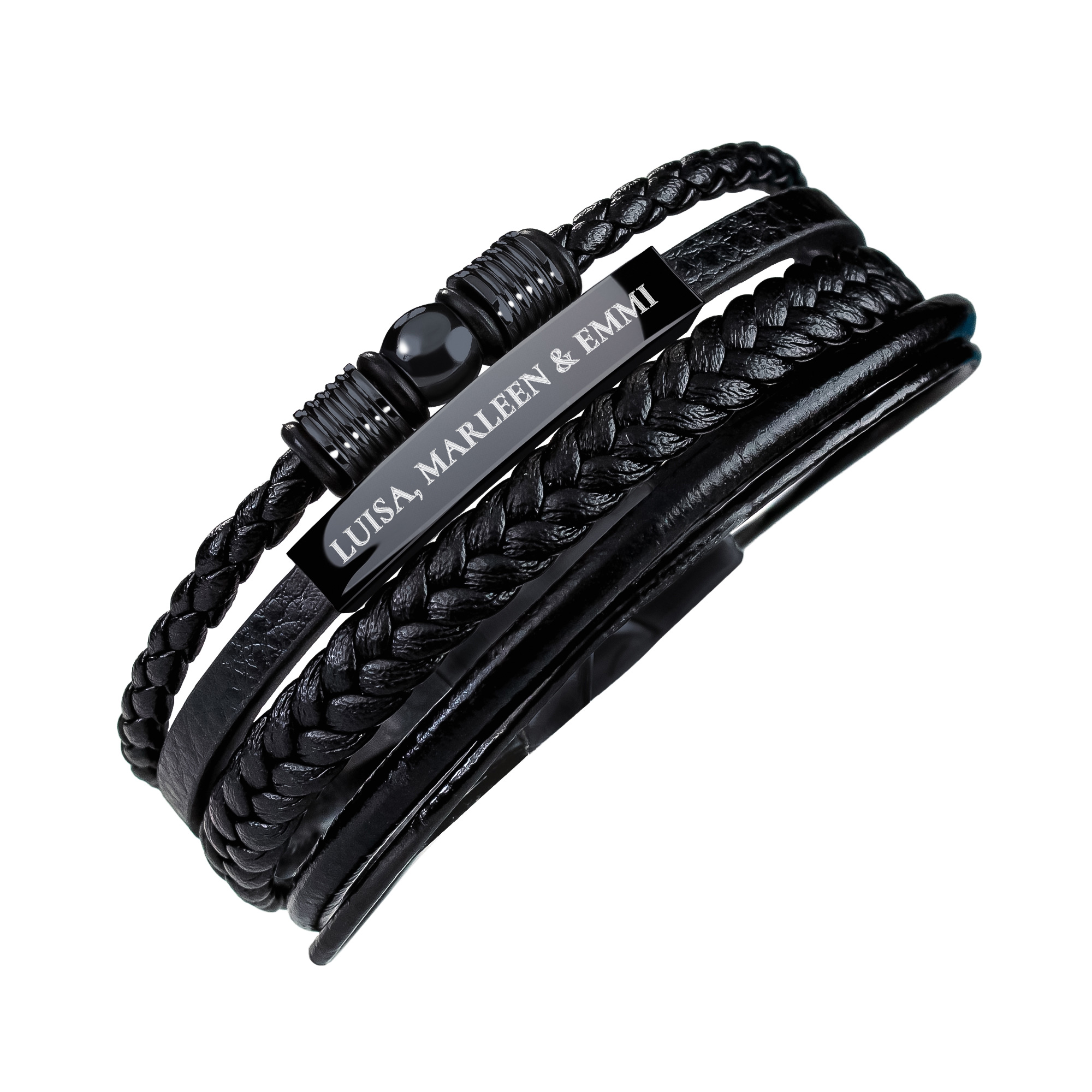 Geflochtenes Lederarmband mit Beads Schwarz - mit Gravur