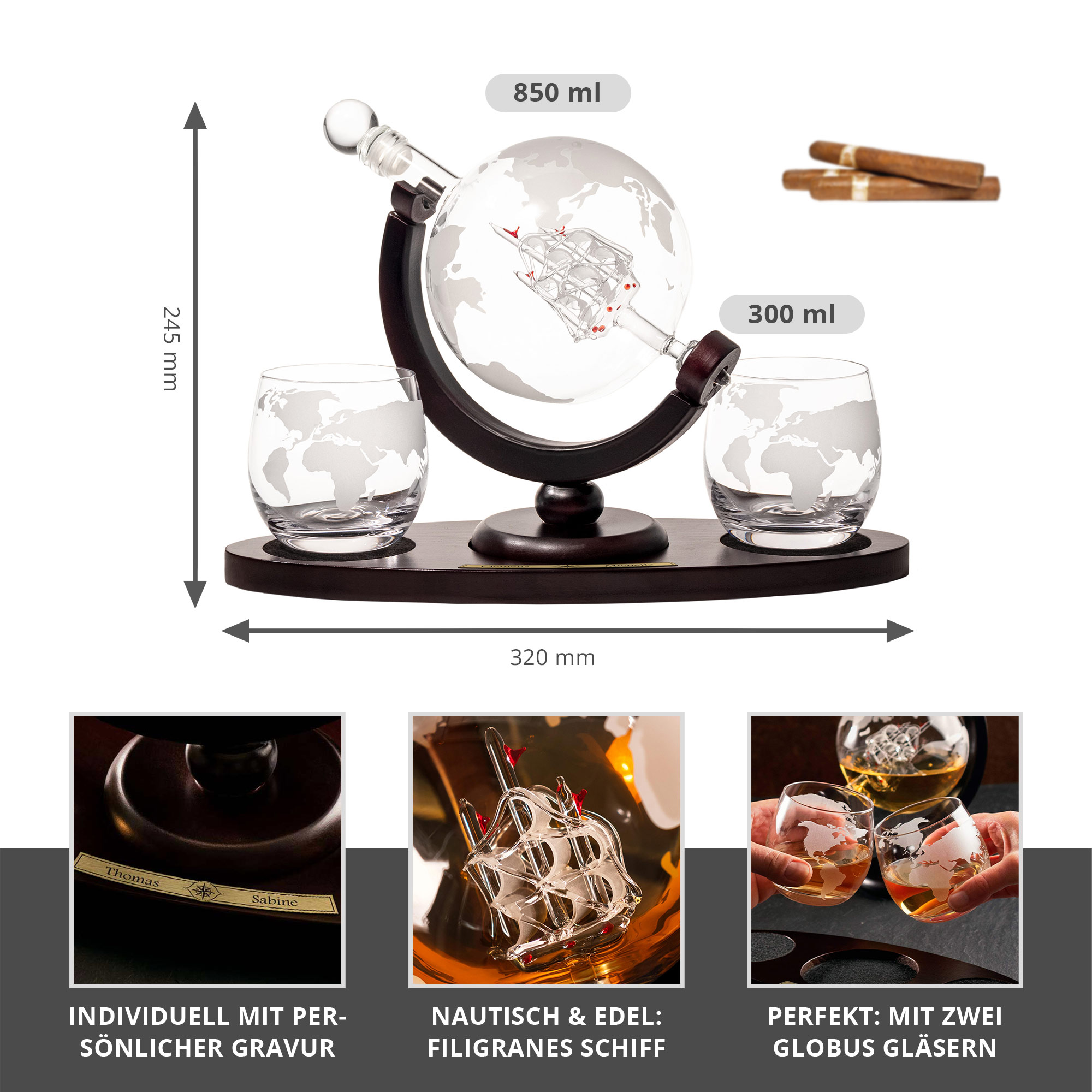Whisky Set mit Globus Karaffe mit Gravur und 2 Gläsern - Segelschiff Whisky Set mit Globus Karaffe mit Gravur und 2 Gläsern - Segelschiff