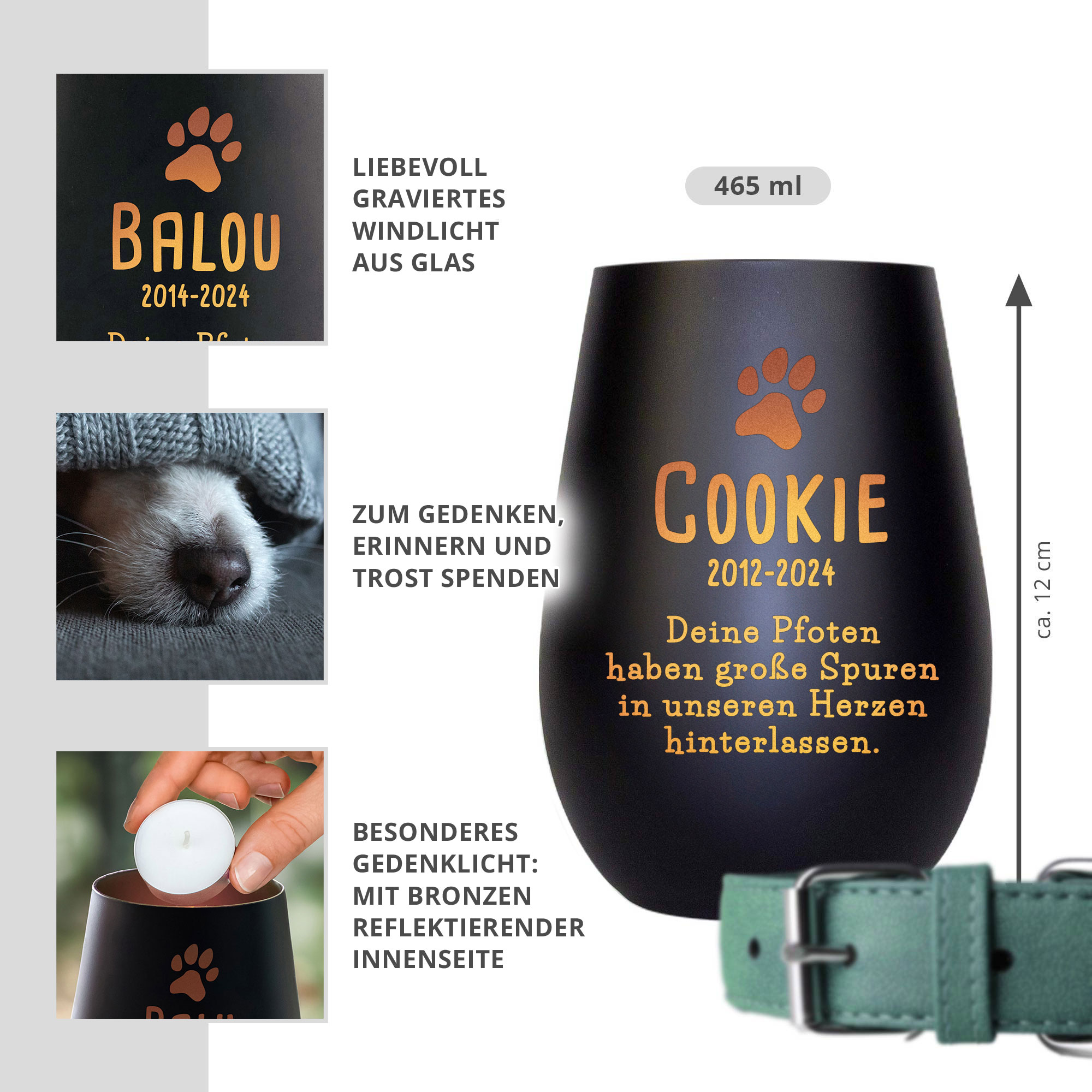 Schwarzes Windlicht zur Trauer für Hund - Bronze