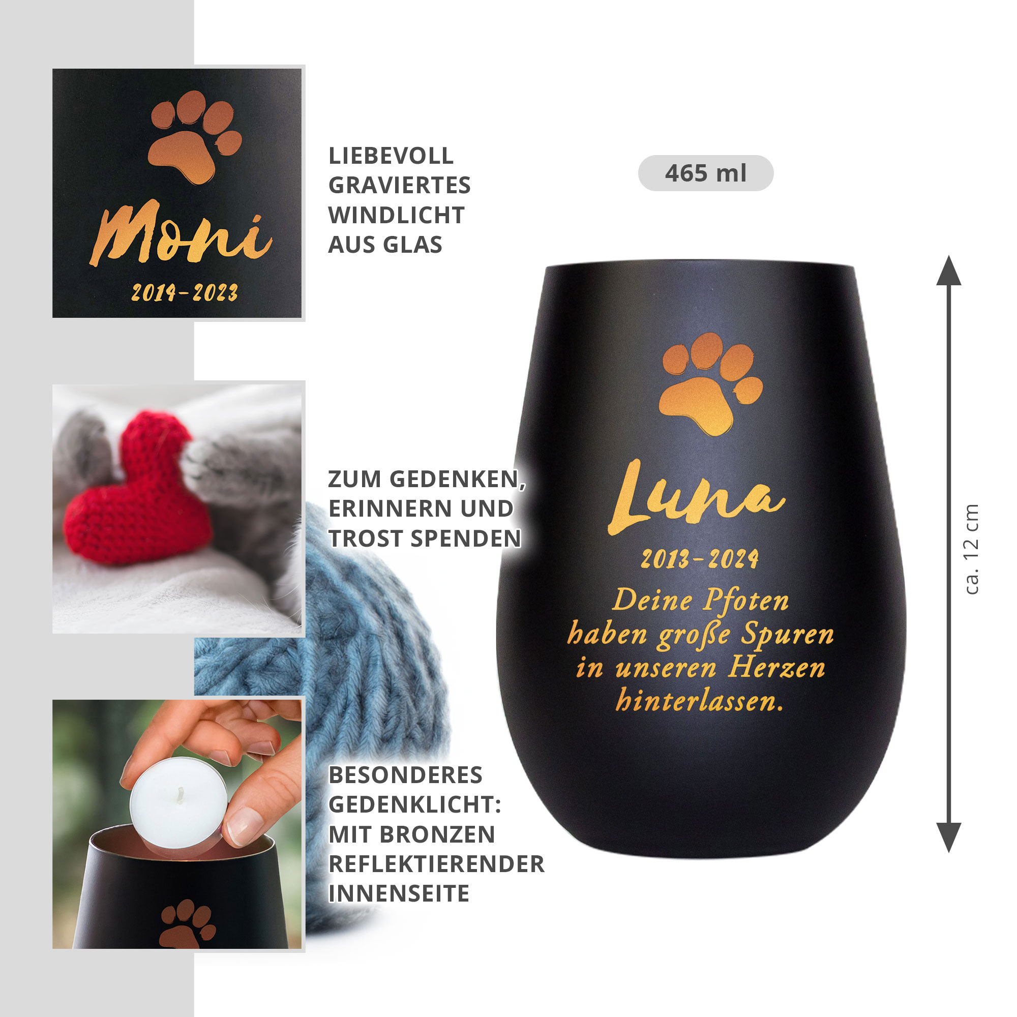 Schwarzes Windlicht zur Trauer für Katze - Bronze