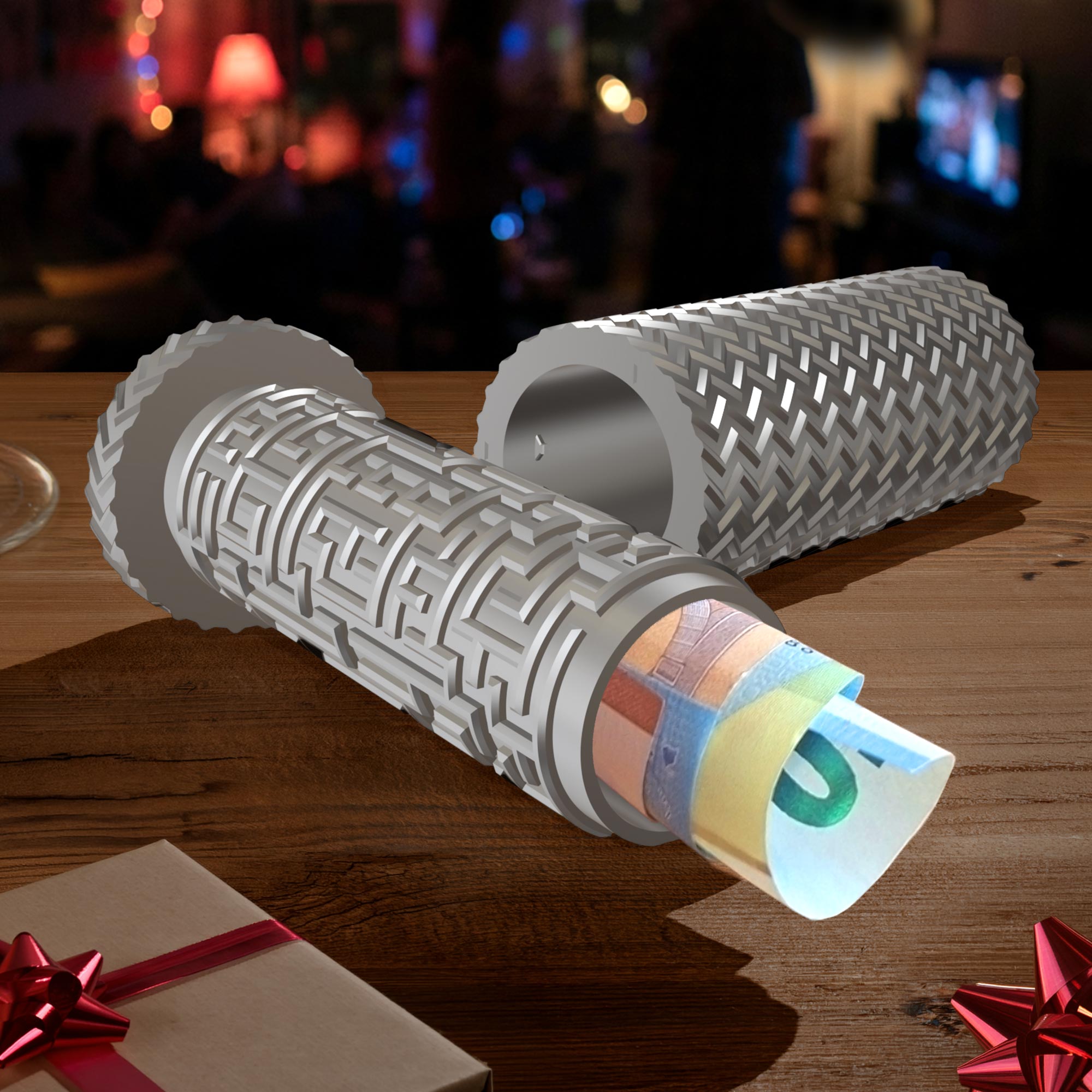 Labyrinthbox Röhre – Kniffelige Geschenkverpackung für Geld & Gutscheine - Silber