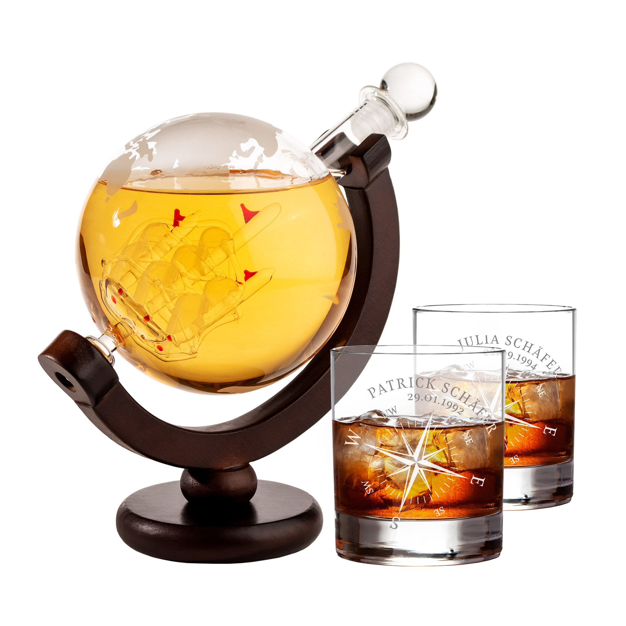 Set mit Globus Karaffe und 2 Whiskygläsern - Kompass Gravur