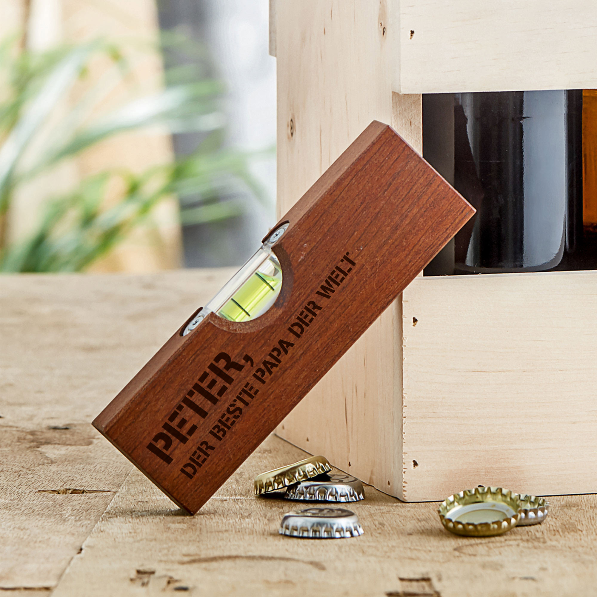 Wasserwaage mit Flaschenöffner graviert - Bester Papa