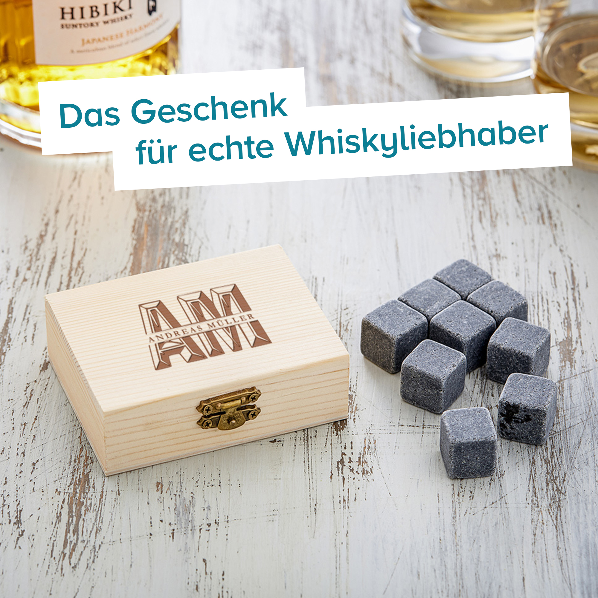 Whisky Steine in Holzkiste mit Gravur - XL Initialen 4161 - 8