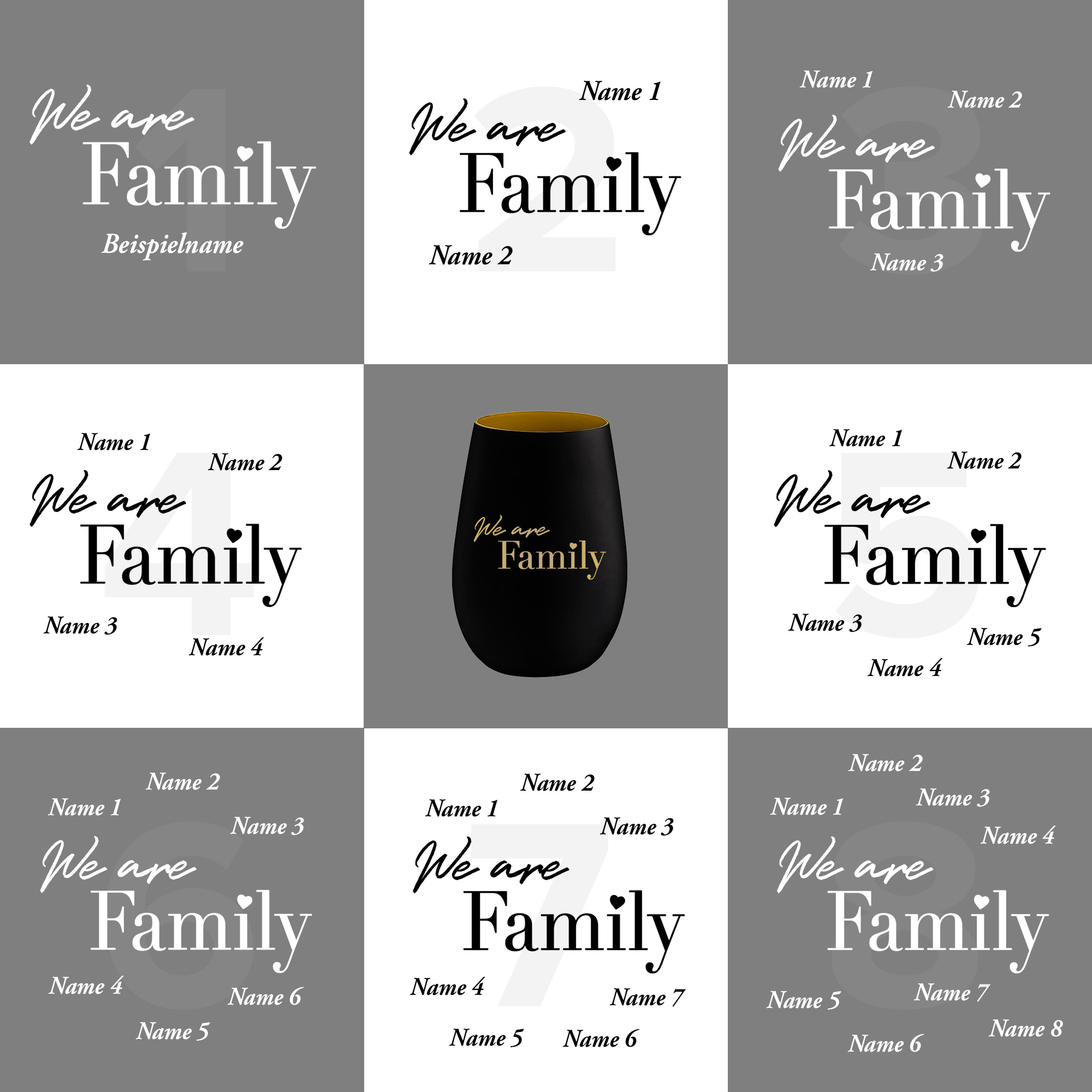 Schwarzes Windlicht mit Gravur - Family