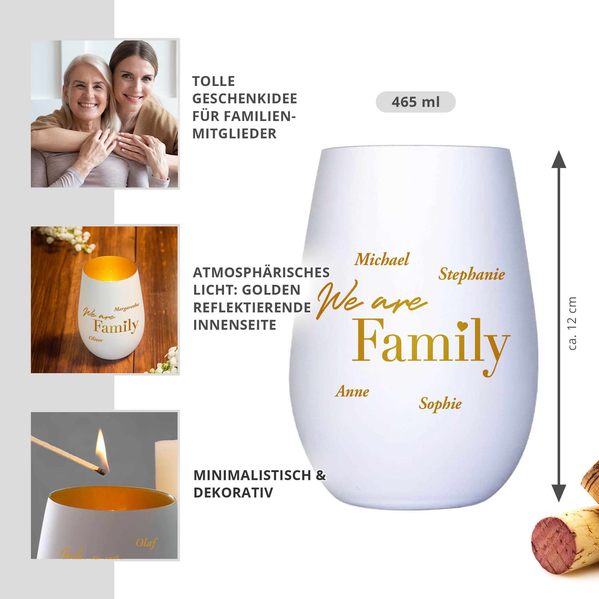 Weißes Windlicht mit Gravur - Family