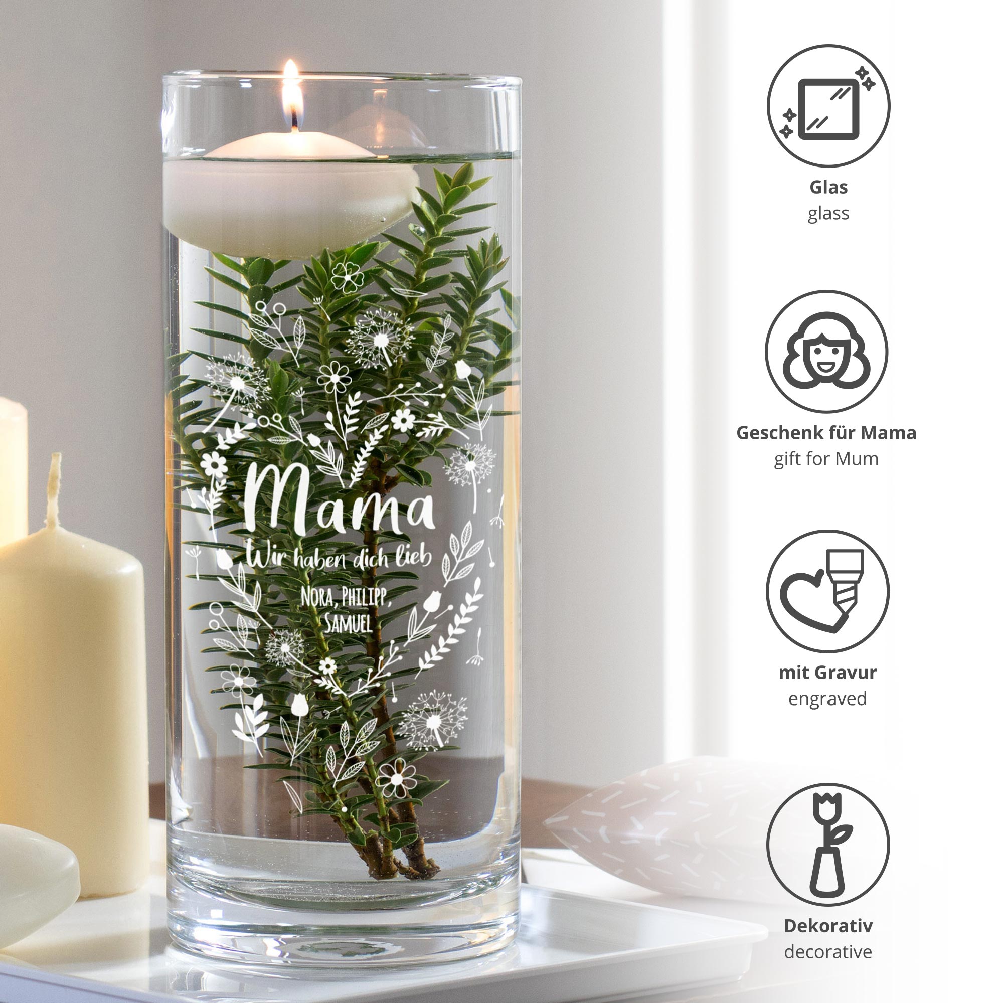 Runde Vase mit Gravur - Blumenherz für Mama 2135-115-MZ - 3