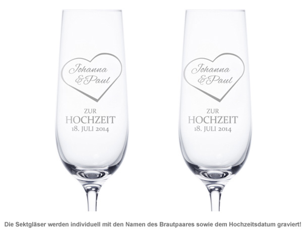 Sektgläser zur Hochzeit - Herz Gravur 1708 - 1