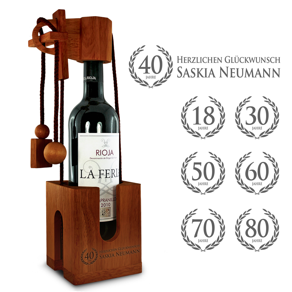 Graviertes Edelholz Flaschenpuzzle zum Geburtstag 2180
